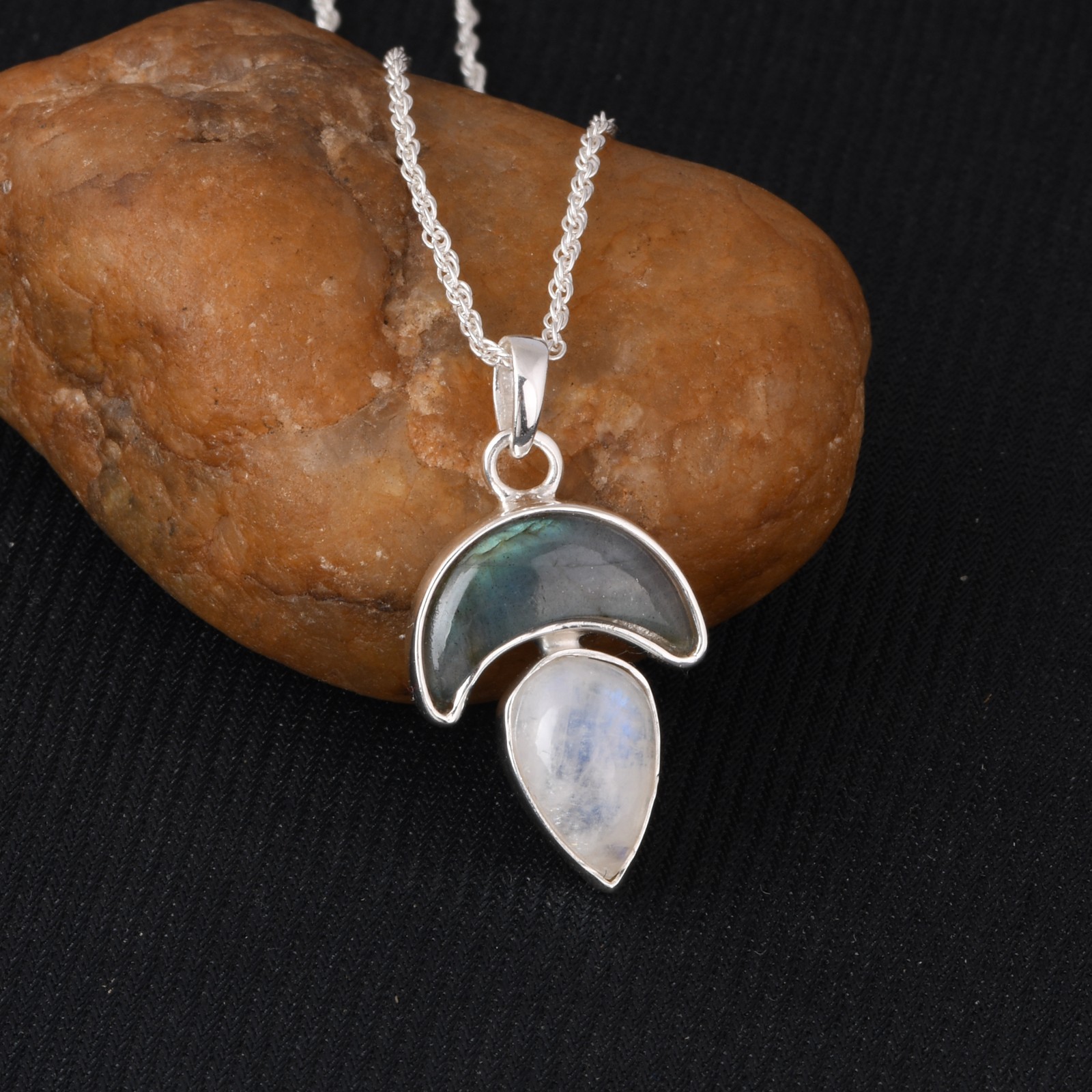 925 Sterling Silver Labradorite & Moonstone Necklace Crescent Jewelry for Gift