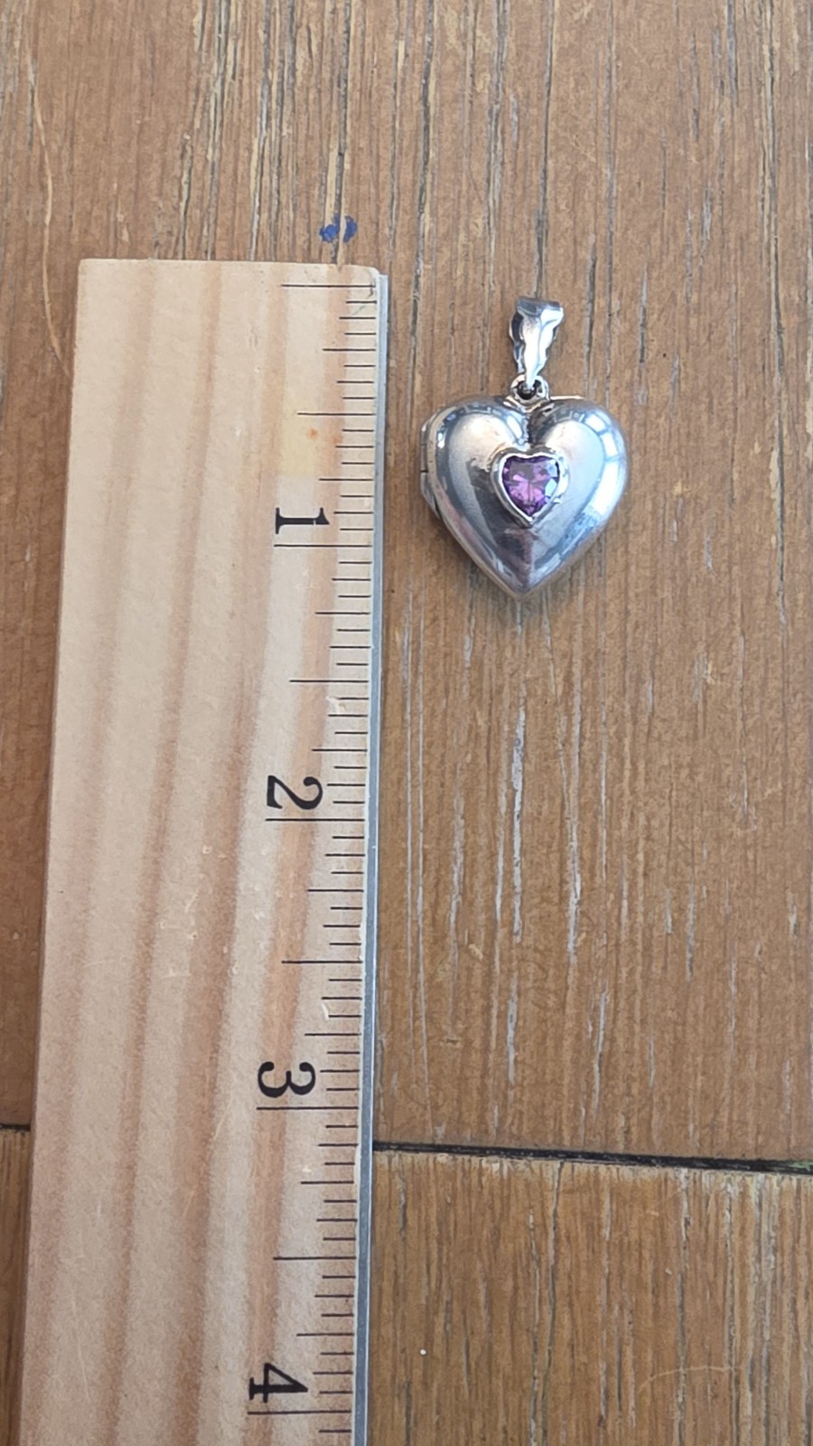 Sterling Silver .925 Puffy Heart Locket Pendant With Amethyst Stone