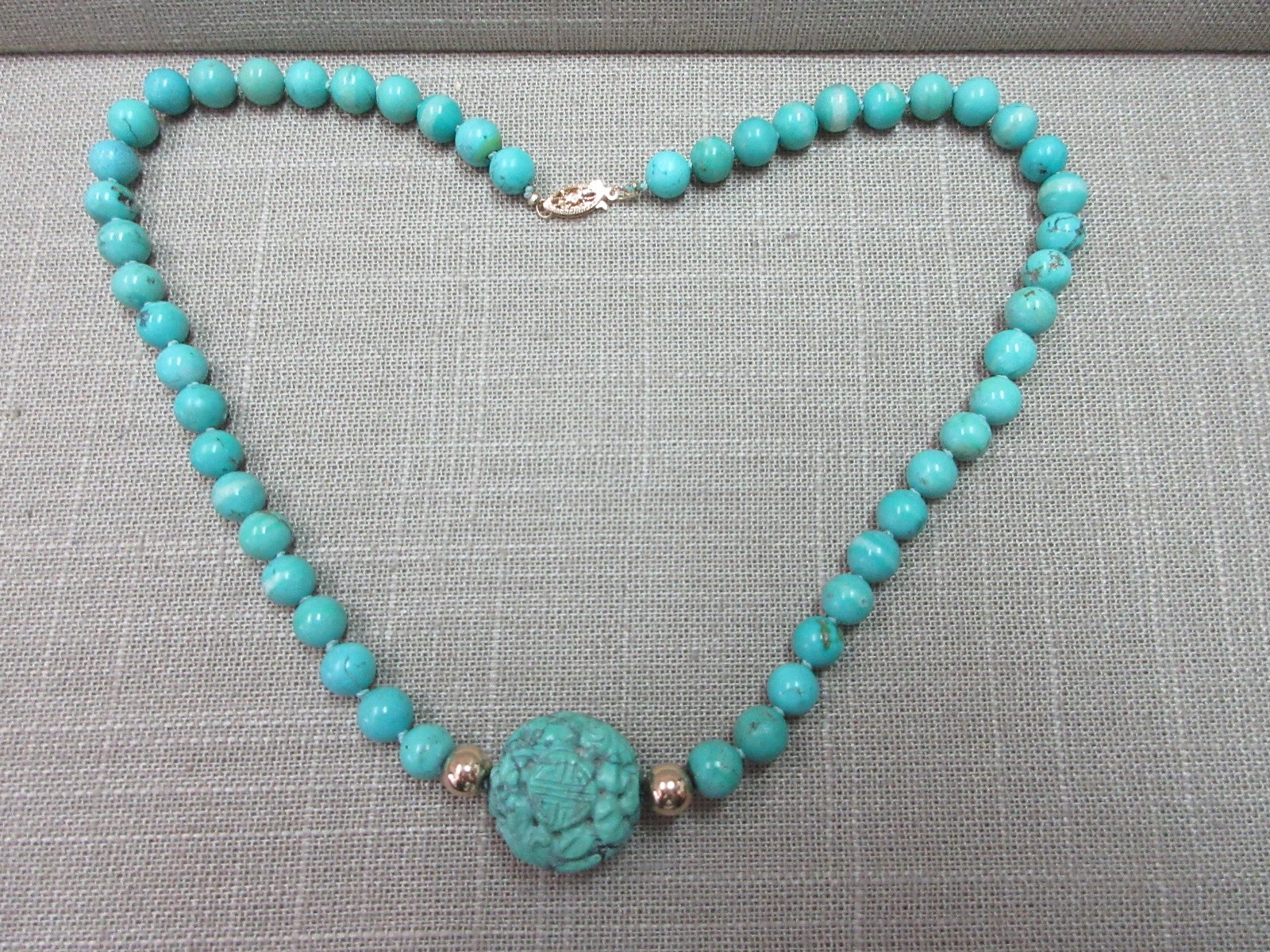 Vtg 14K Fishhook Clasp Turquoise Beads & Carved “Shou” Bead Necklace 18″ 39.7 G