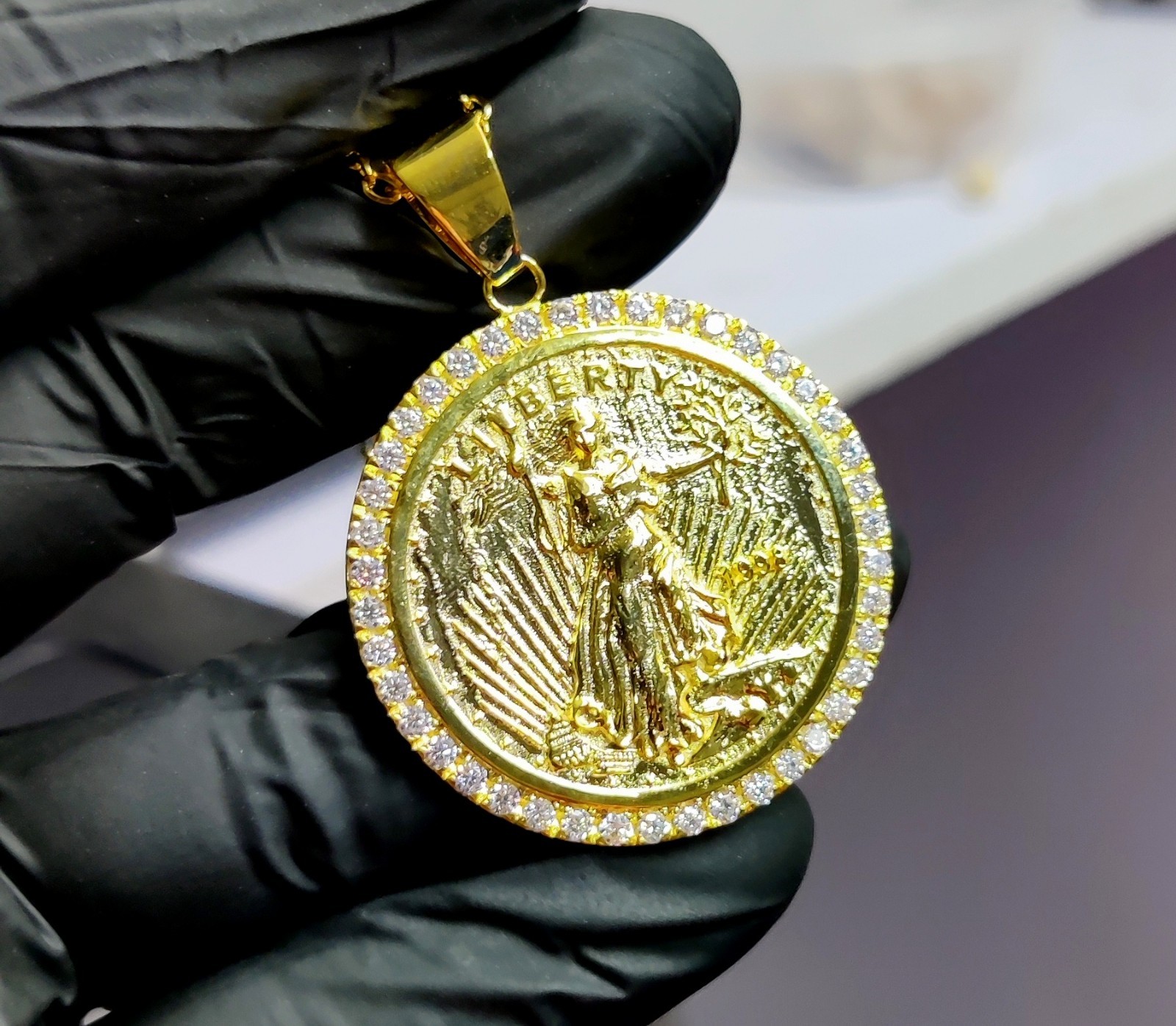 1.20Ct Round Cut Lab Created Diamond Liberty Coin Pendant 14K Yellow Gold Plated