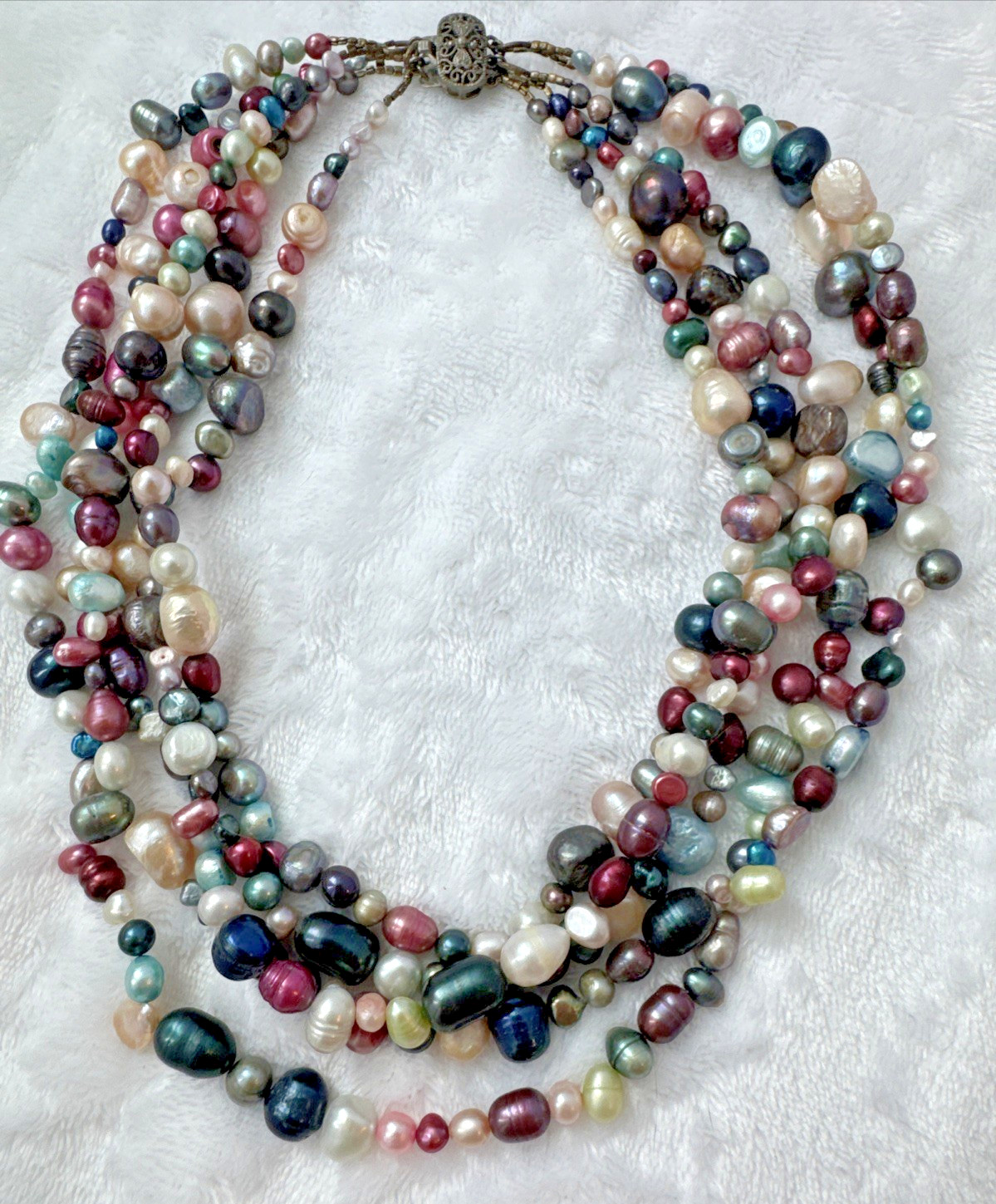 antique baroque peacock Cultured genuine pearl 5-strand unique colorful necklace