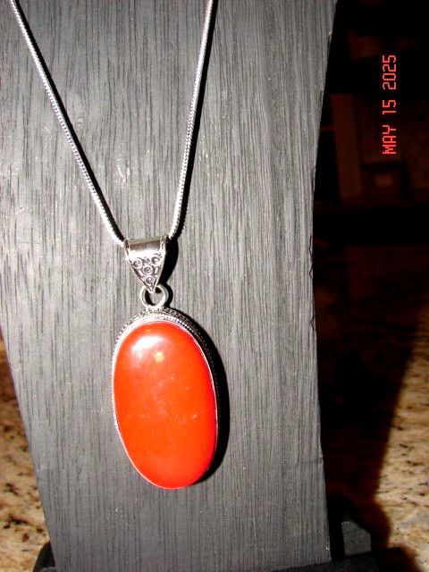 Red Coral Cabochon & German Silver Pendant Necklace