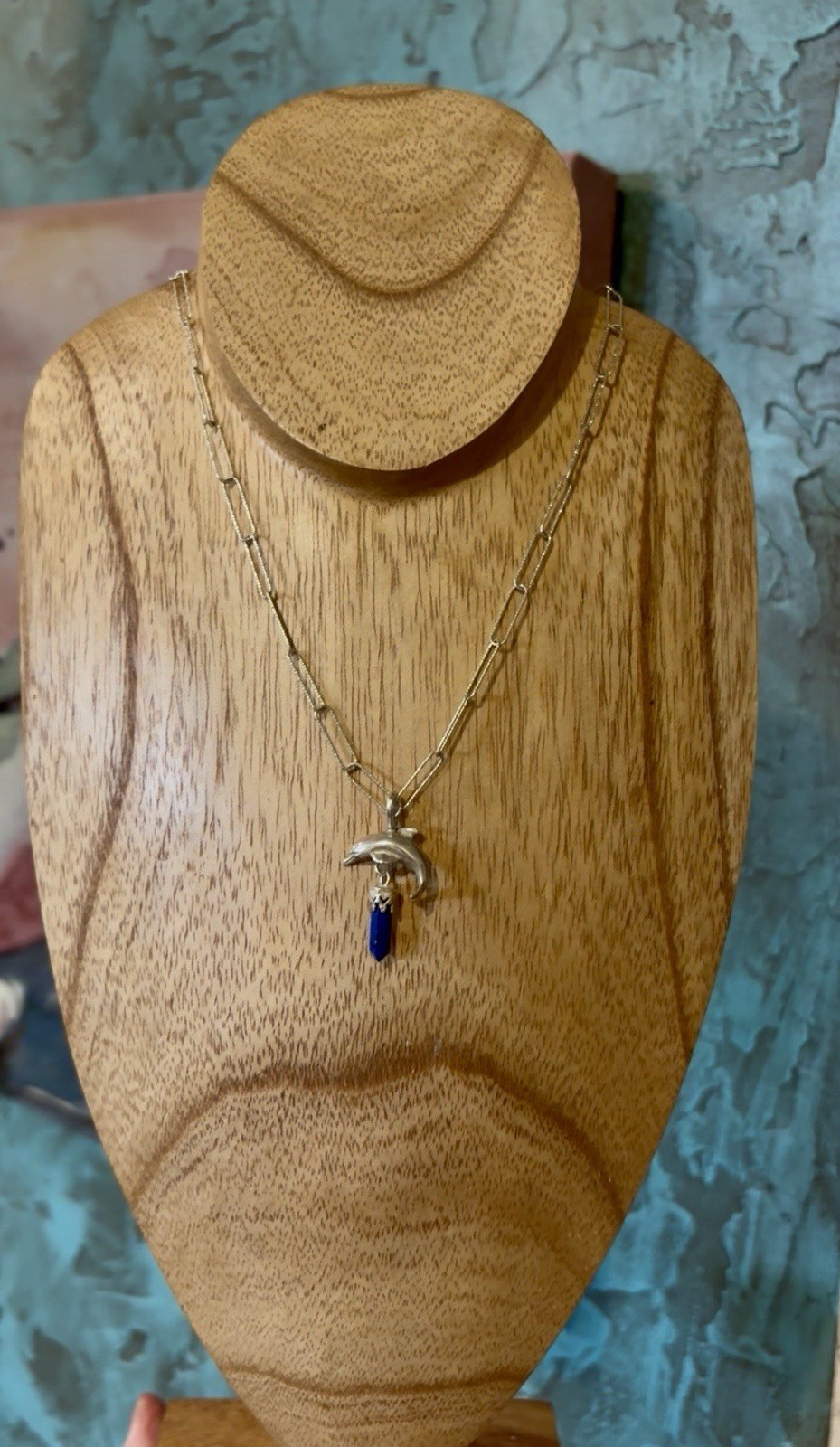 Sterling Silver Etched Paperclip Dolphin Necklace with Lapis Crystal Point Italy