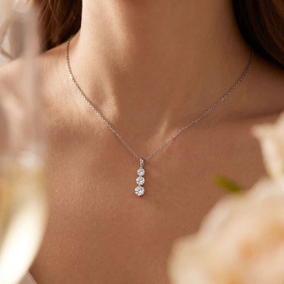 2 Ct Three Diamond Pendant 14K White Gold 3 Stone Lab Grown Necklace