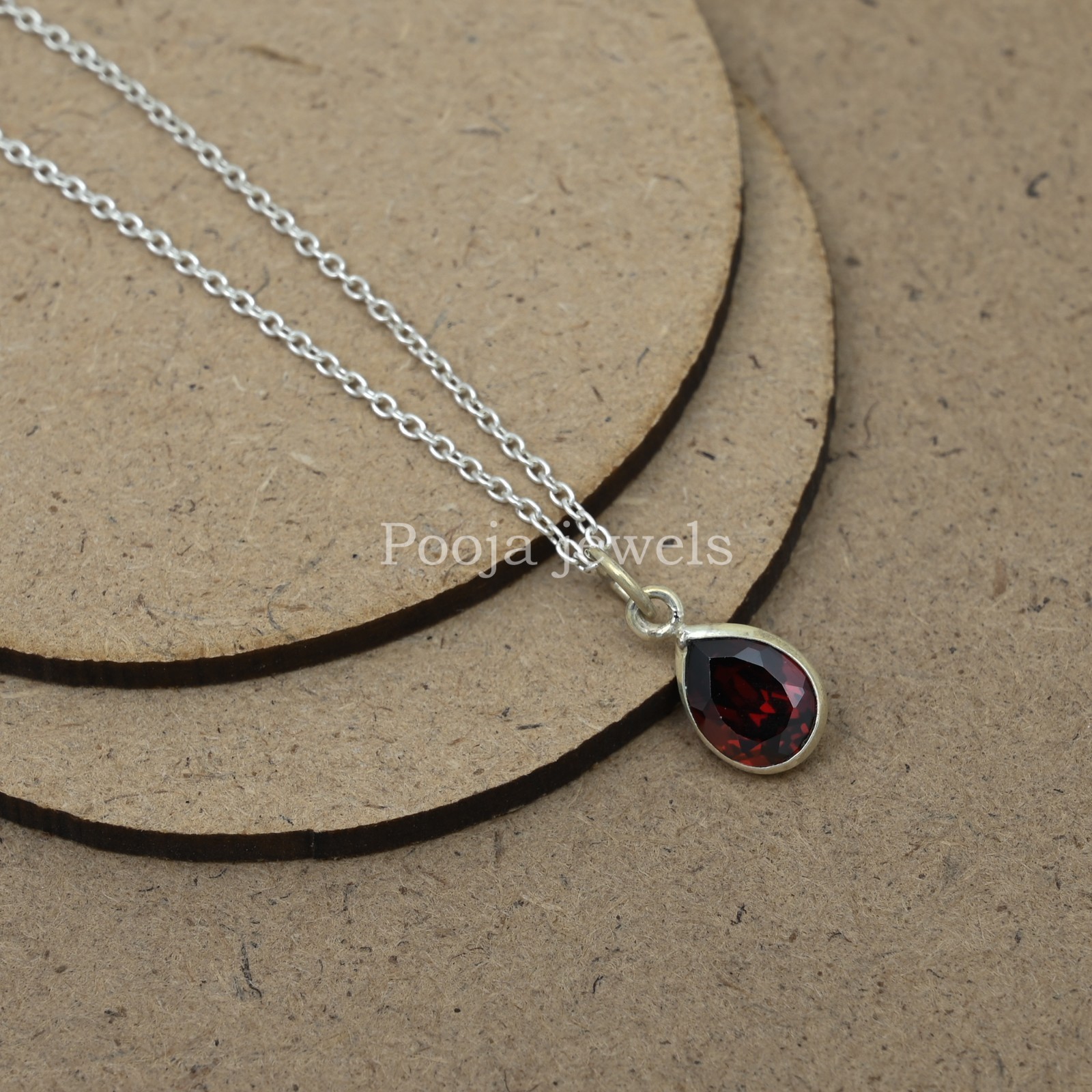925 Sterling Silver Natural Garnet Pear Teardrop Pendant Red Gemstone Gift