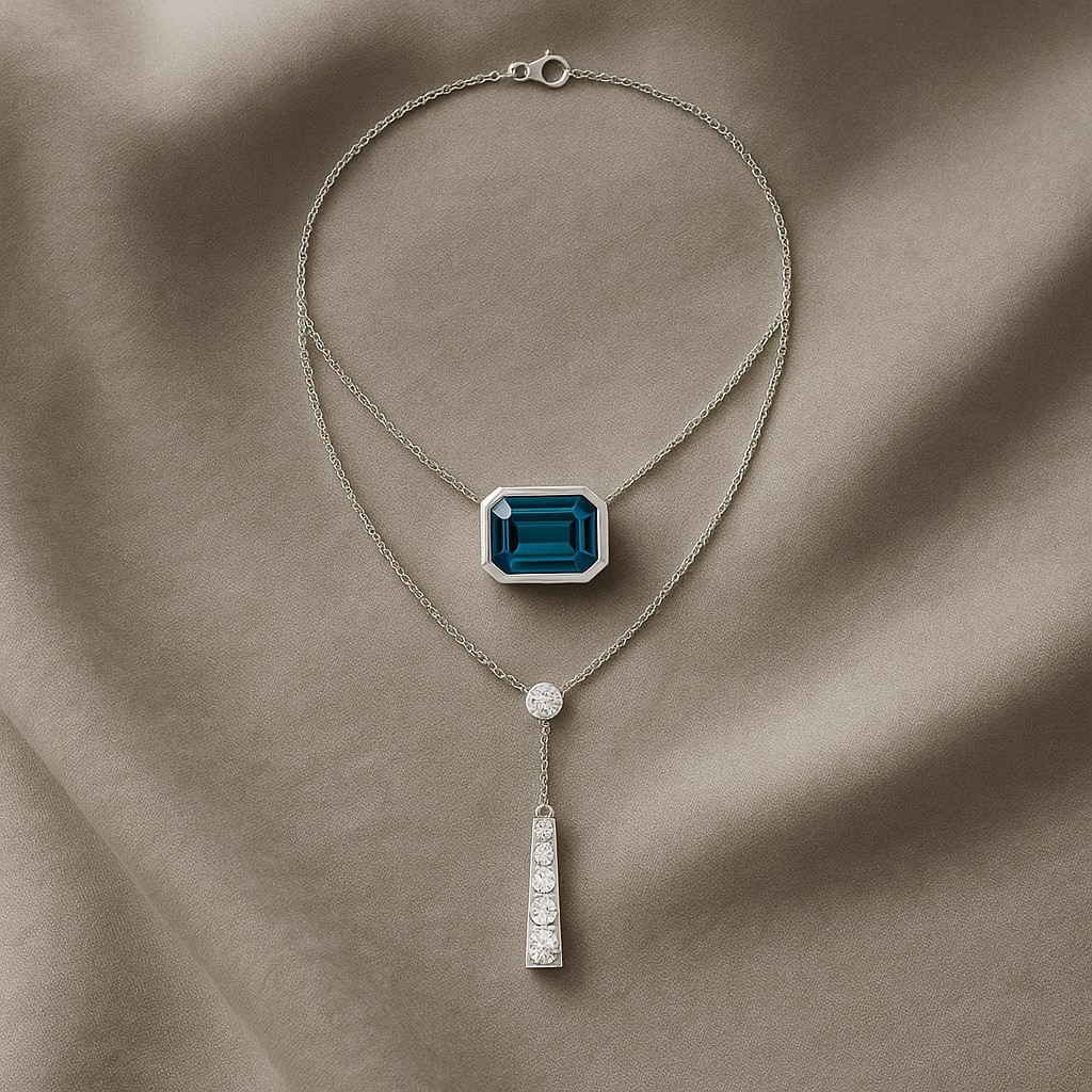 London Blue Topaz & Diamond Necklace 925 Sterling Silver December Birth #1042