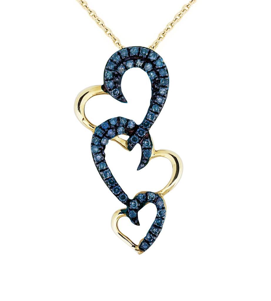 10K Yellow Gold Blue Diamond Pendant Linked Hearts .22ct