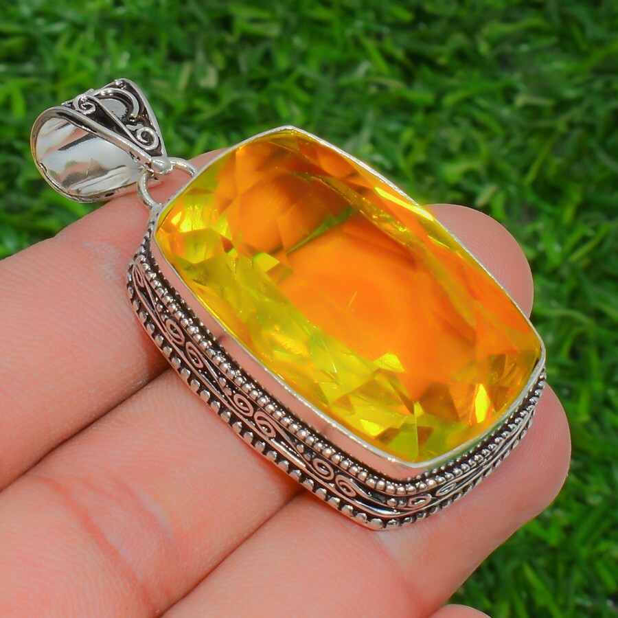 Yellow Citrine Gemstone Handmade 925 Sterling Silver Cushion Cut Jewelry Pendant