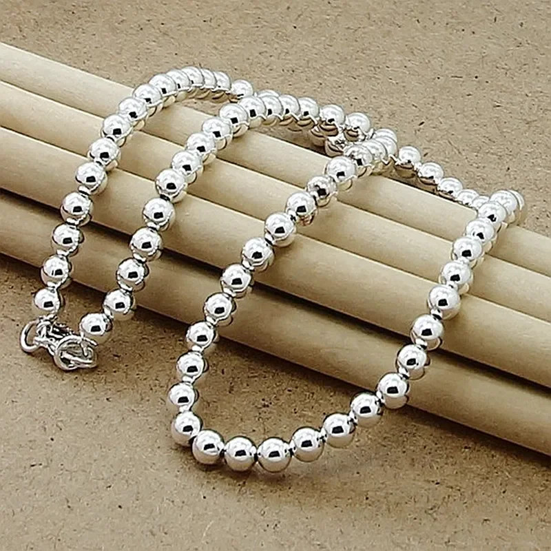 Sterling Silver 925 Smooth Beads Ball Chain Necklace Women 4MM 6MM 8MM