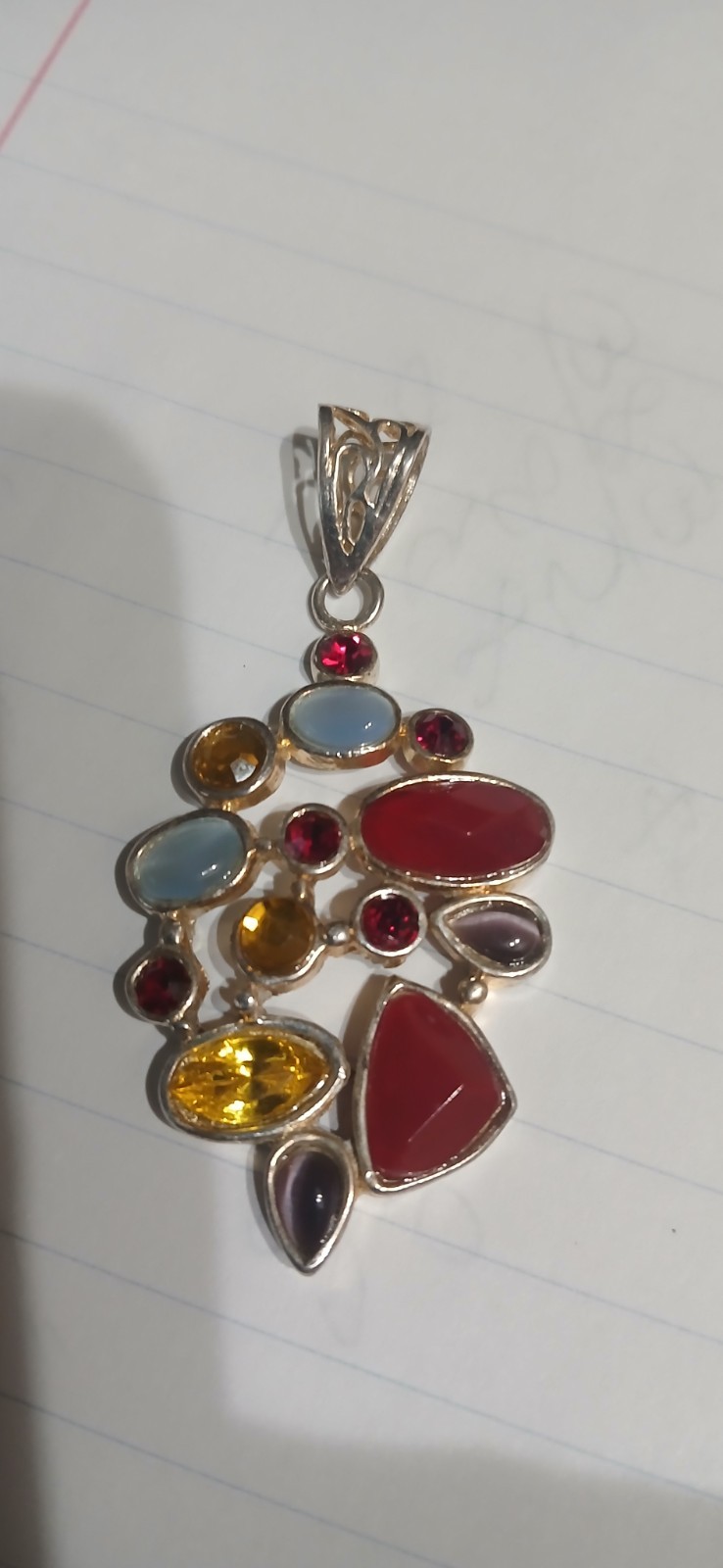 Sterling Silver 925 Multicolor Gemstone Statement Pendant Bezel Asymmetrical