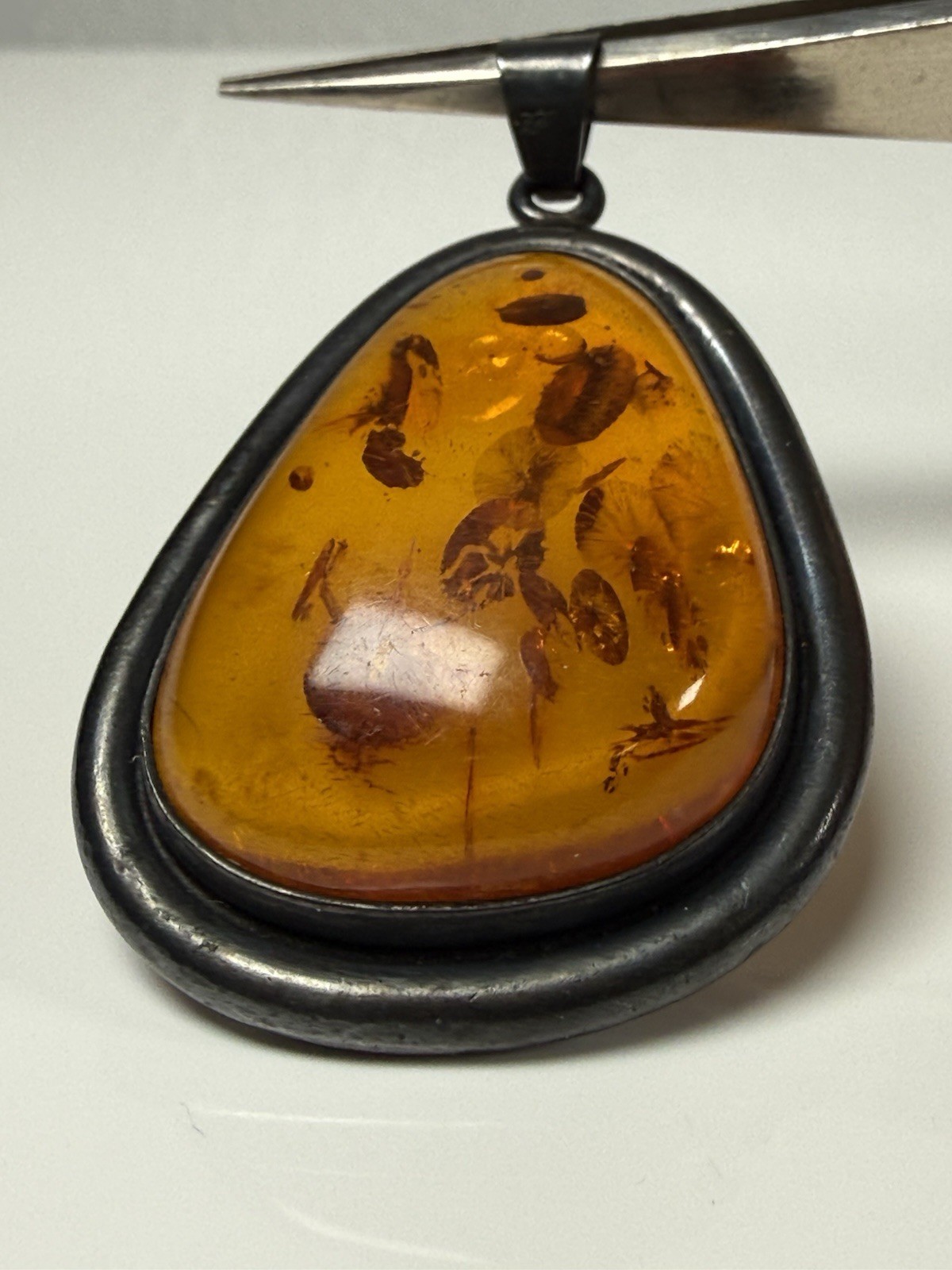 Orange Amber Cabochon Sterling Silver Asymmetrical 2”Pendant 925
