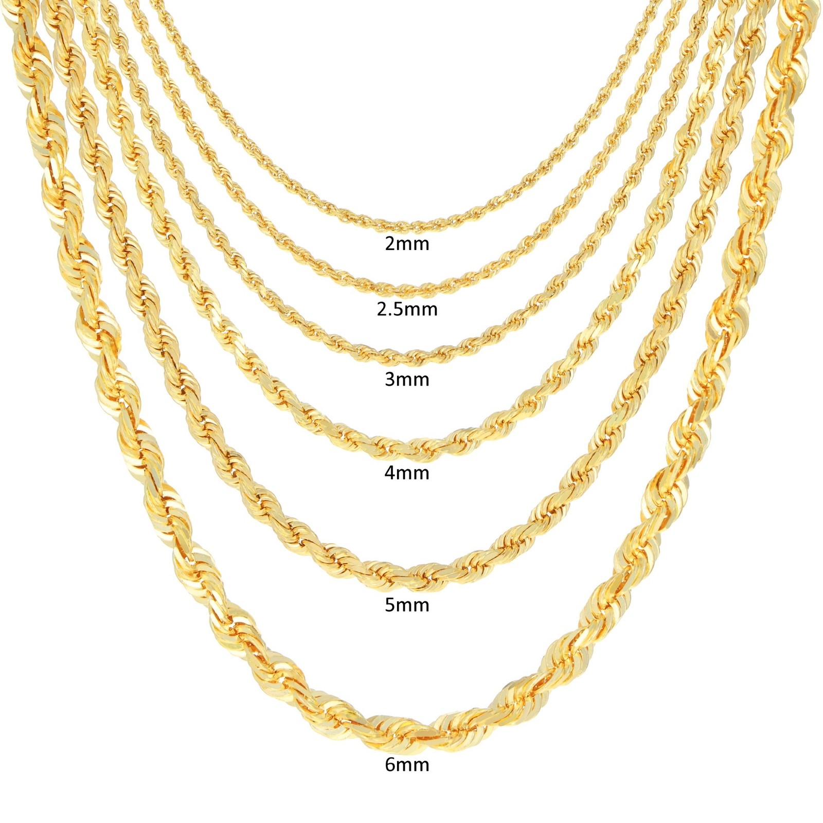 18K Yellow Gold Solid 2mm-6mm Rope Diamond Cut Chain Italian Necklace 16″- 30″