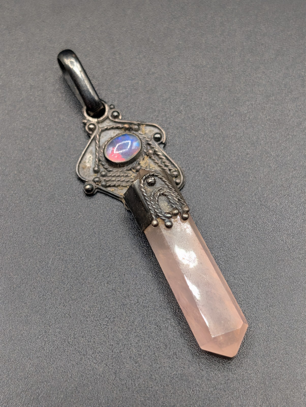 Unique Oxydised Sterling Silver Rose Quartz Point Ornate Pendant