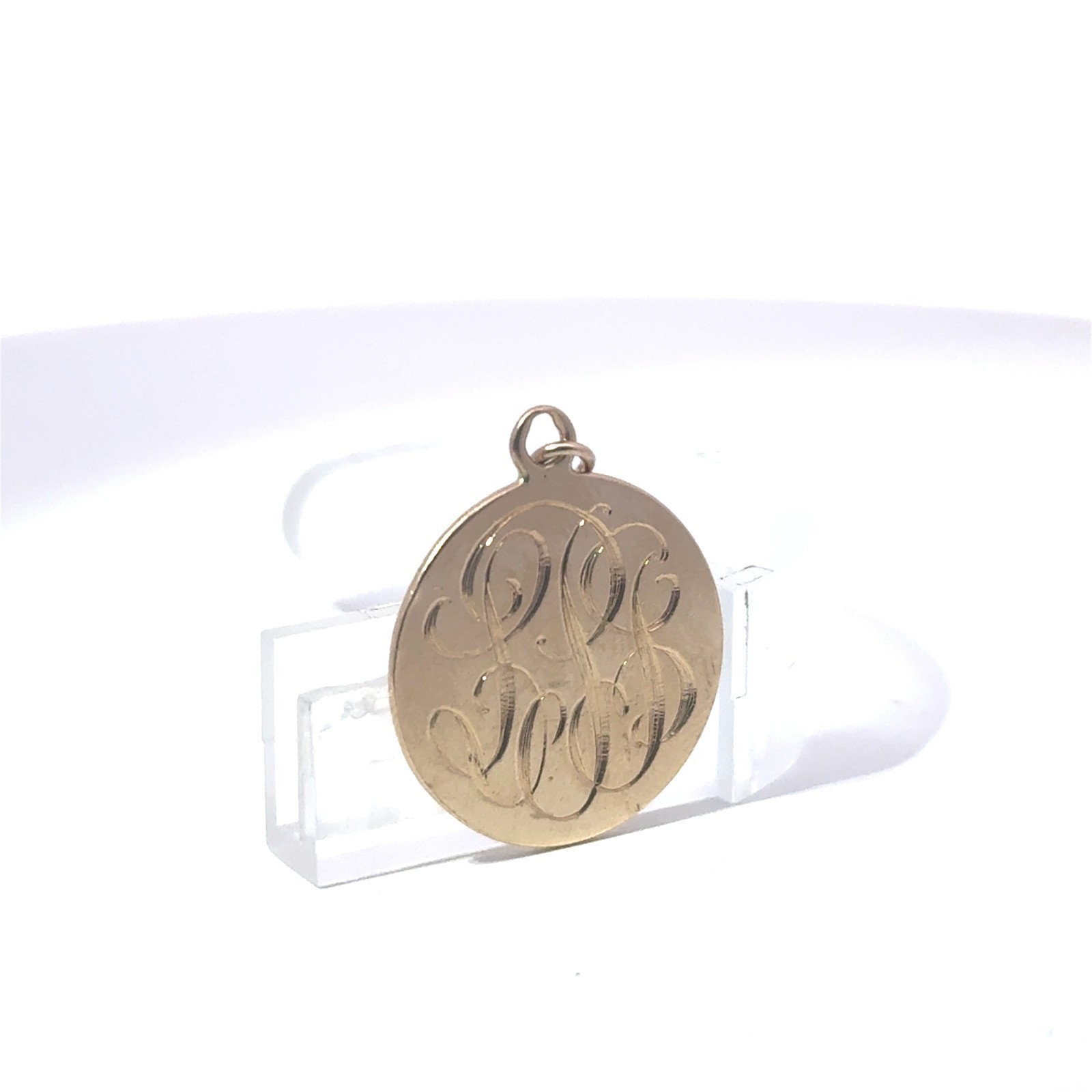 14k Stamped Yellow Gold Hand Engraved “LPB” Monogram Script Vintage Disc Charm