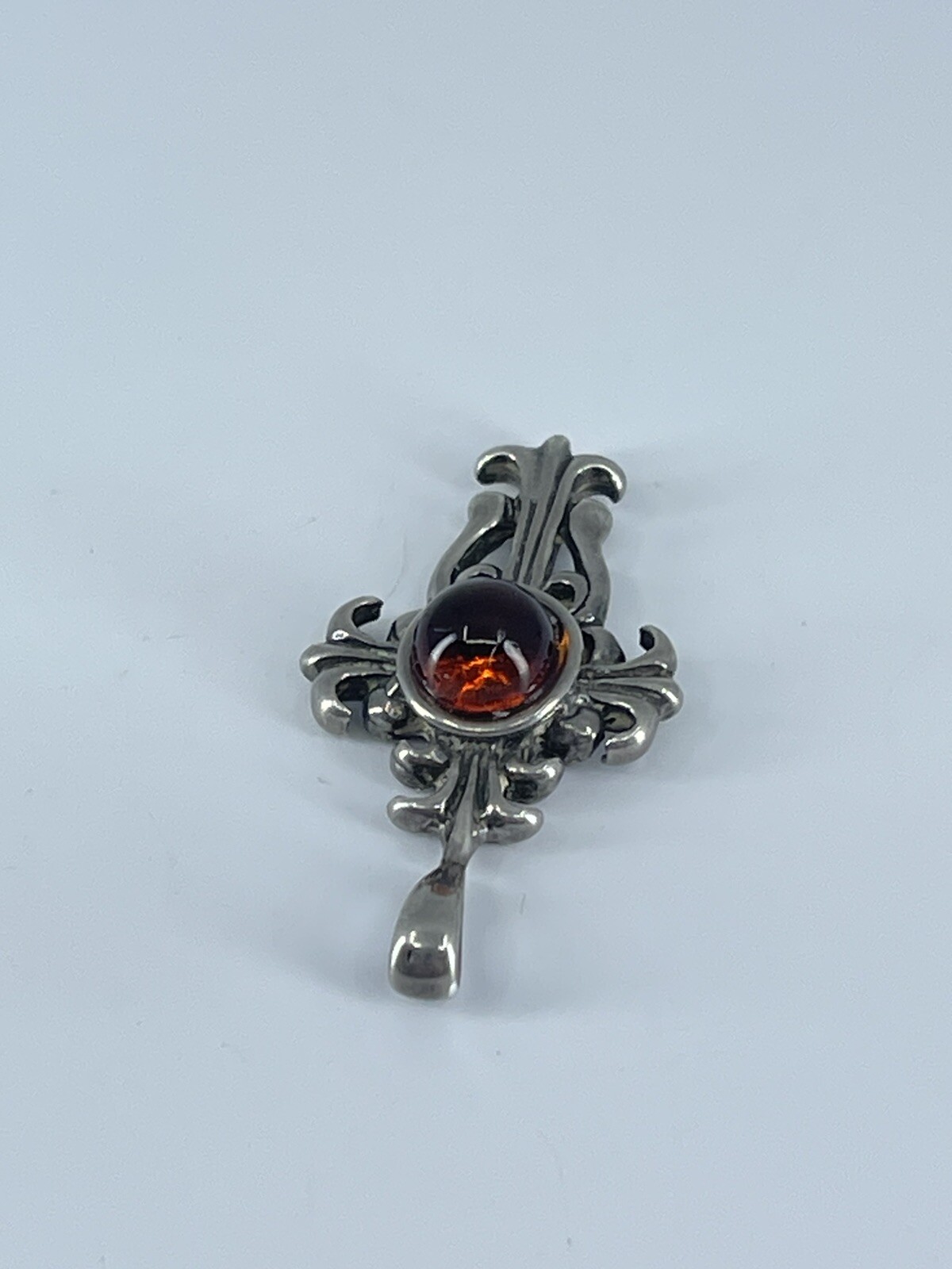 Sterling Silver Cross Pendant small orange cabochon filigree design 1-1/8″