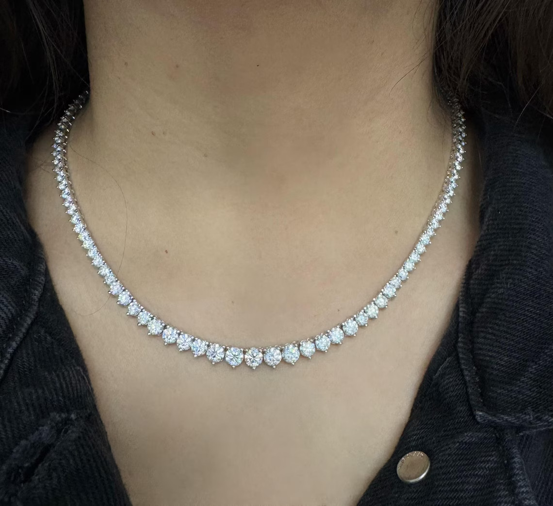 9Ct Round Lab Created Graduated Diamond Tennis Necklace 18″ 14k White Gold FN