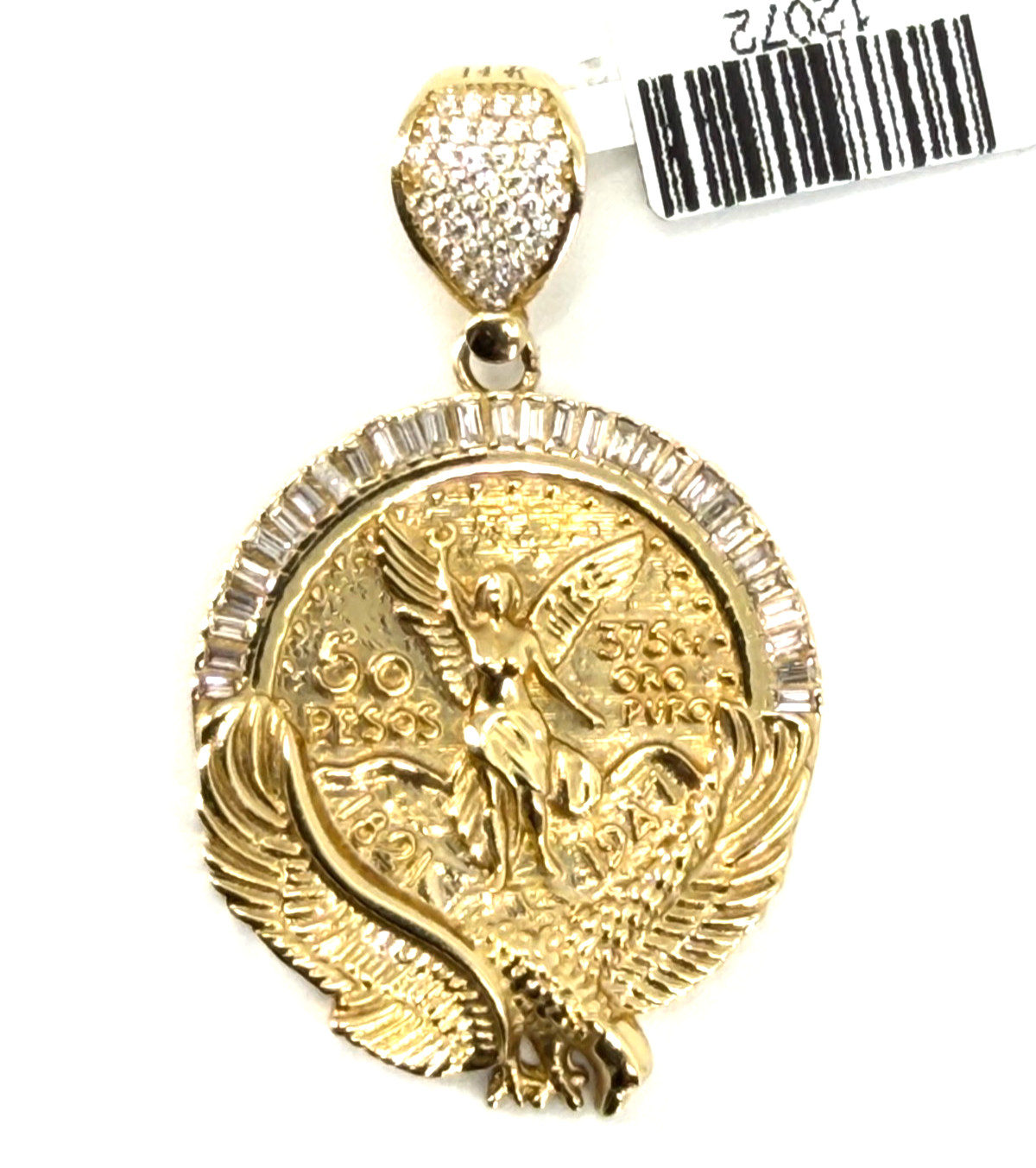 14K Solid Gold Centenario 50 Pesos Pendant Mexican Angel Eagle CZ Baguette Frame