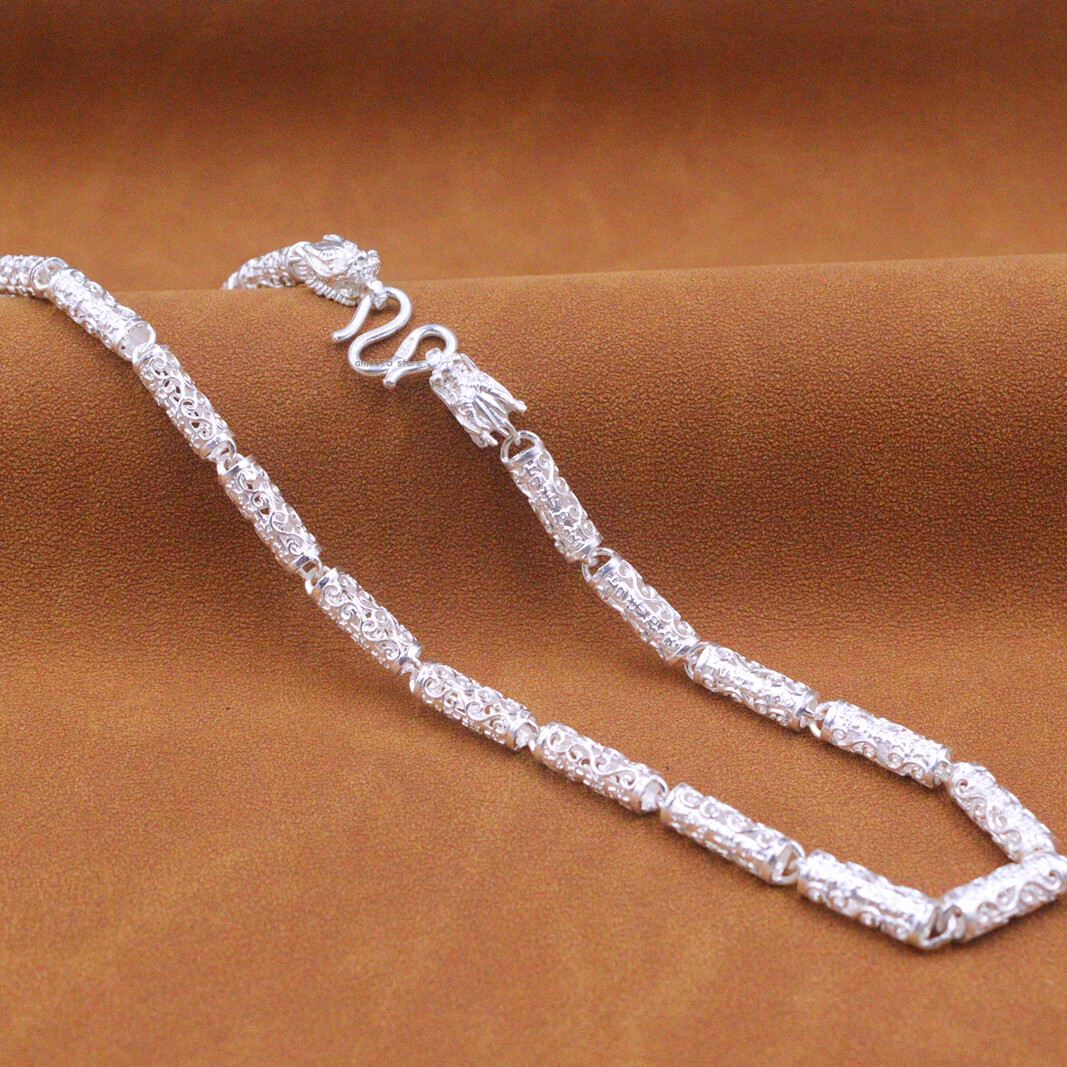 Pure 999 Fine Silver Necklace Men Women 6mm Dragon Head Beaded Link Chain 20inch