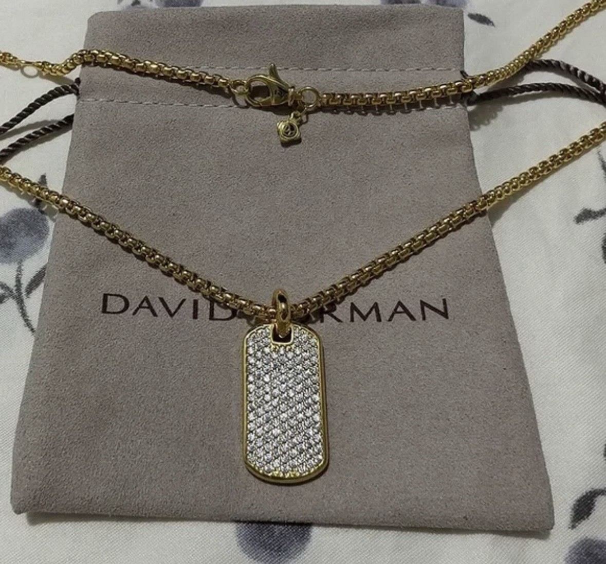 David Yurman 18k Yellow Gold Pave Diamond Dog Tag Pendant Necklace 22in. 35mm.