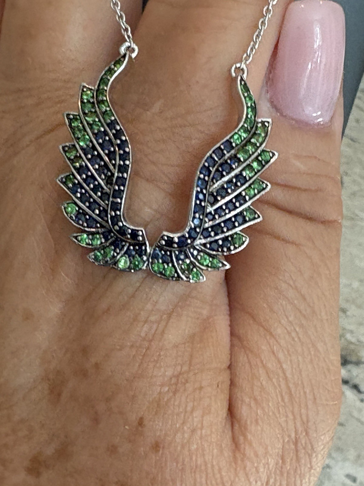 Rarities Carol Brodie Sterling Silver Tsavorite & Sapphire Angel Wing Necklace
