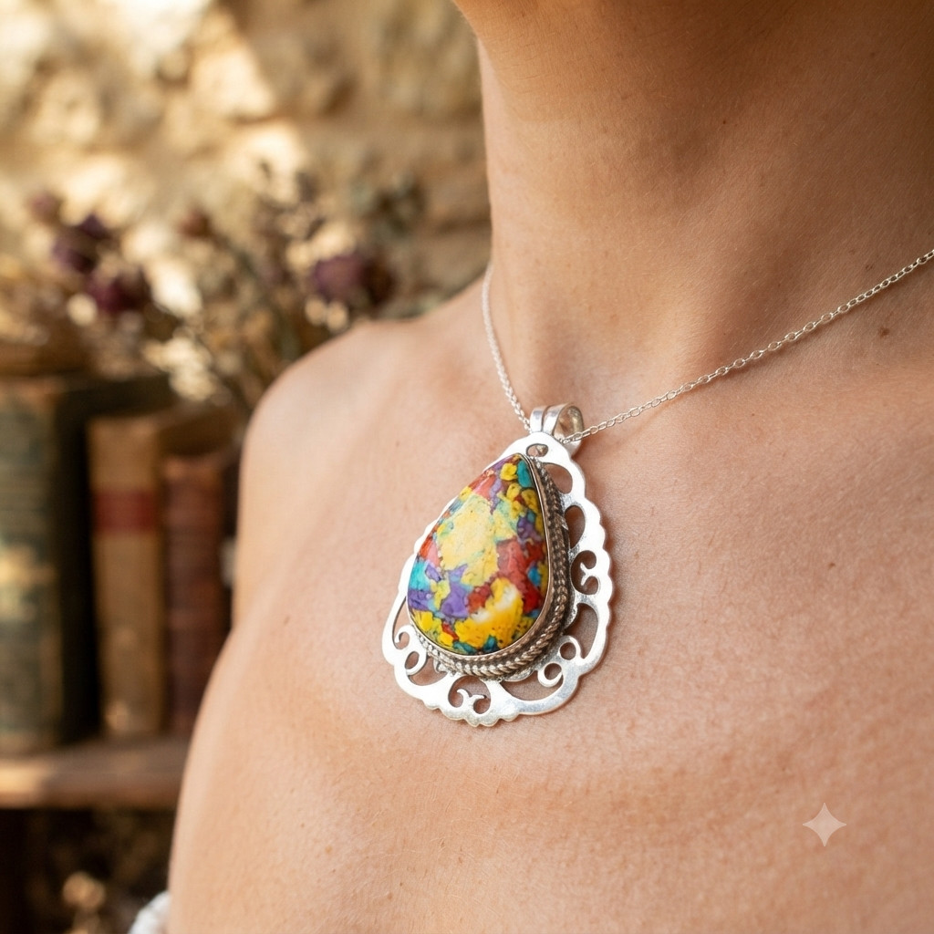 925 Sterling Silver Natural mosaic balloon jasper Channel Set Pendant Jewelry