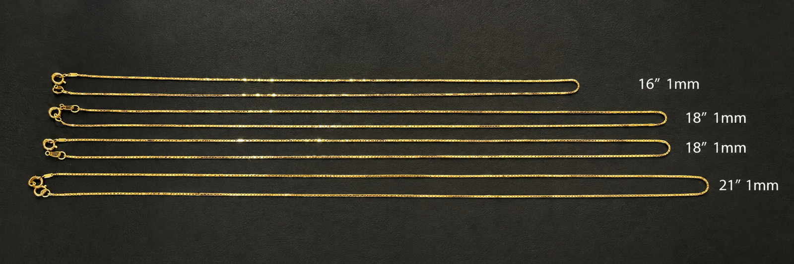 14K Yellow Gold Solid Box Chain Necklace Spring Ring Clasp 1 mm wide 16″,18″,21″