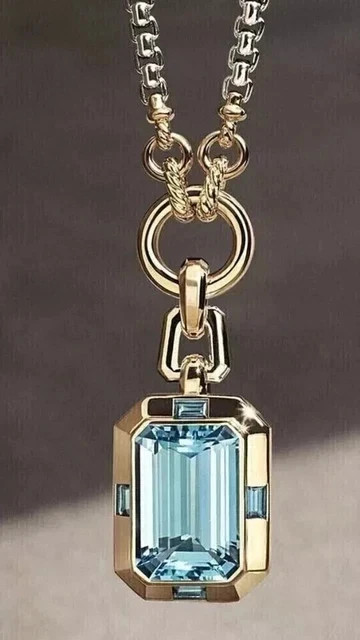 Emerald Cut Lab Created Aquamarine Diamond Women Pendant 14K Yellow Gold Plated