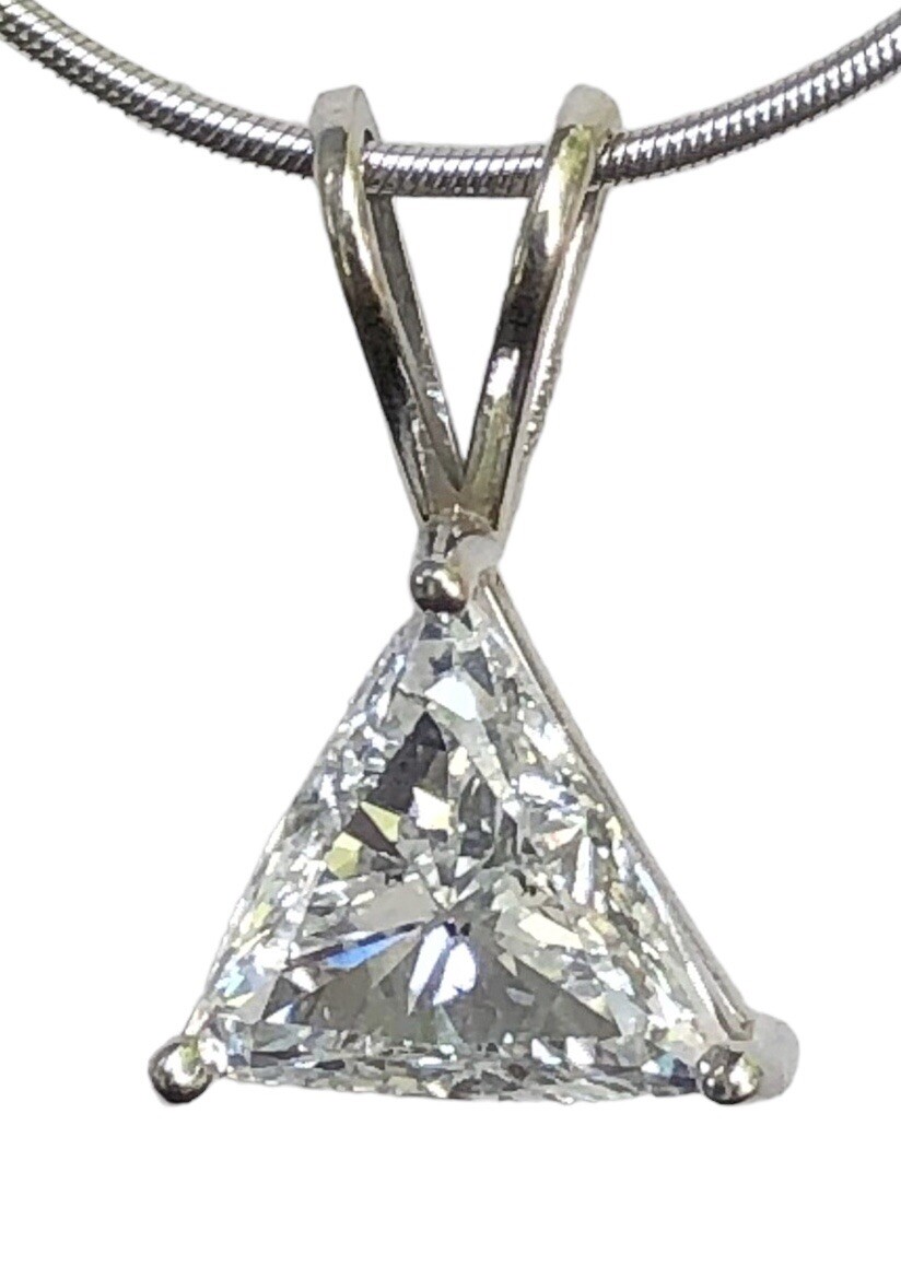 14K White Gold Diamond Pendant Solitaire Natural 9.65mm Trillion 1.75ct GIA