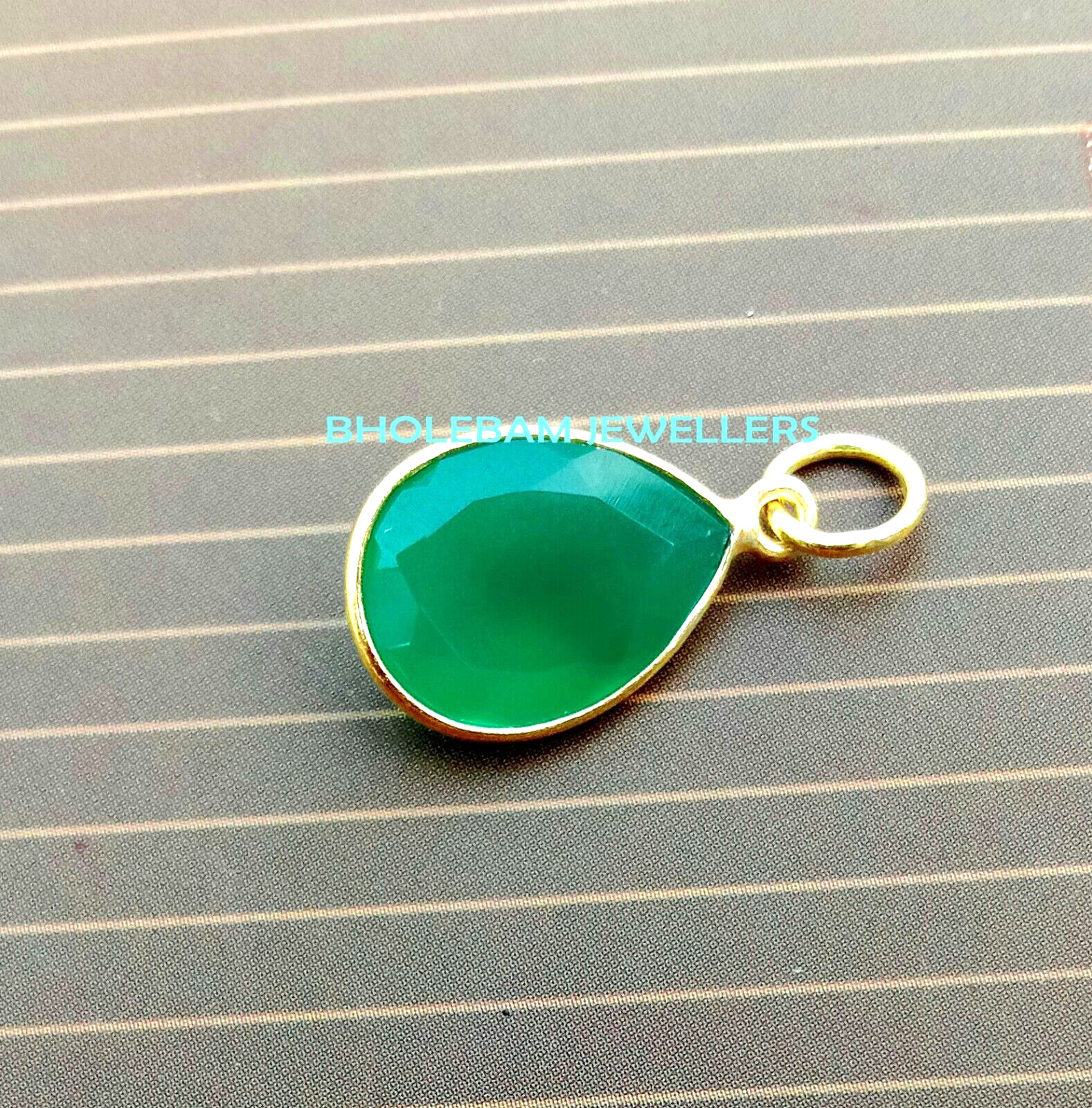 Natural Green Onyx Charm Necklace, 18k Yellow Gold Pendant , Handmade Jewelry