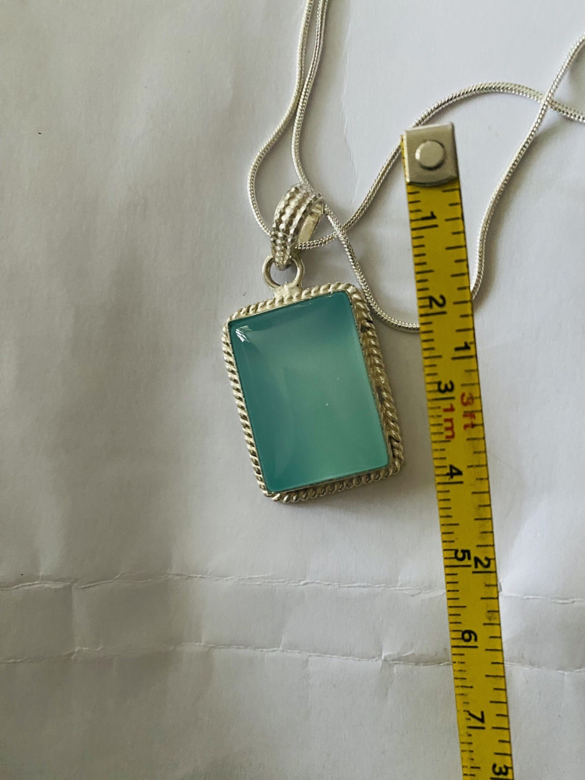 Vintage big Aqua Chalcedony Pendant 925 Silver 20”chain.4×2.5cm UK Seller VGC
