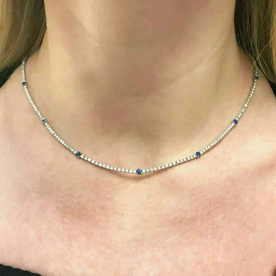 20TCW Round Lab Created Diamond & sapphire Tennis Necklace 925 Sterling Silver