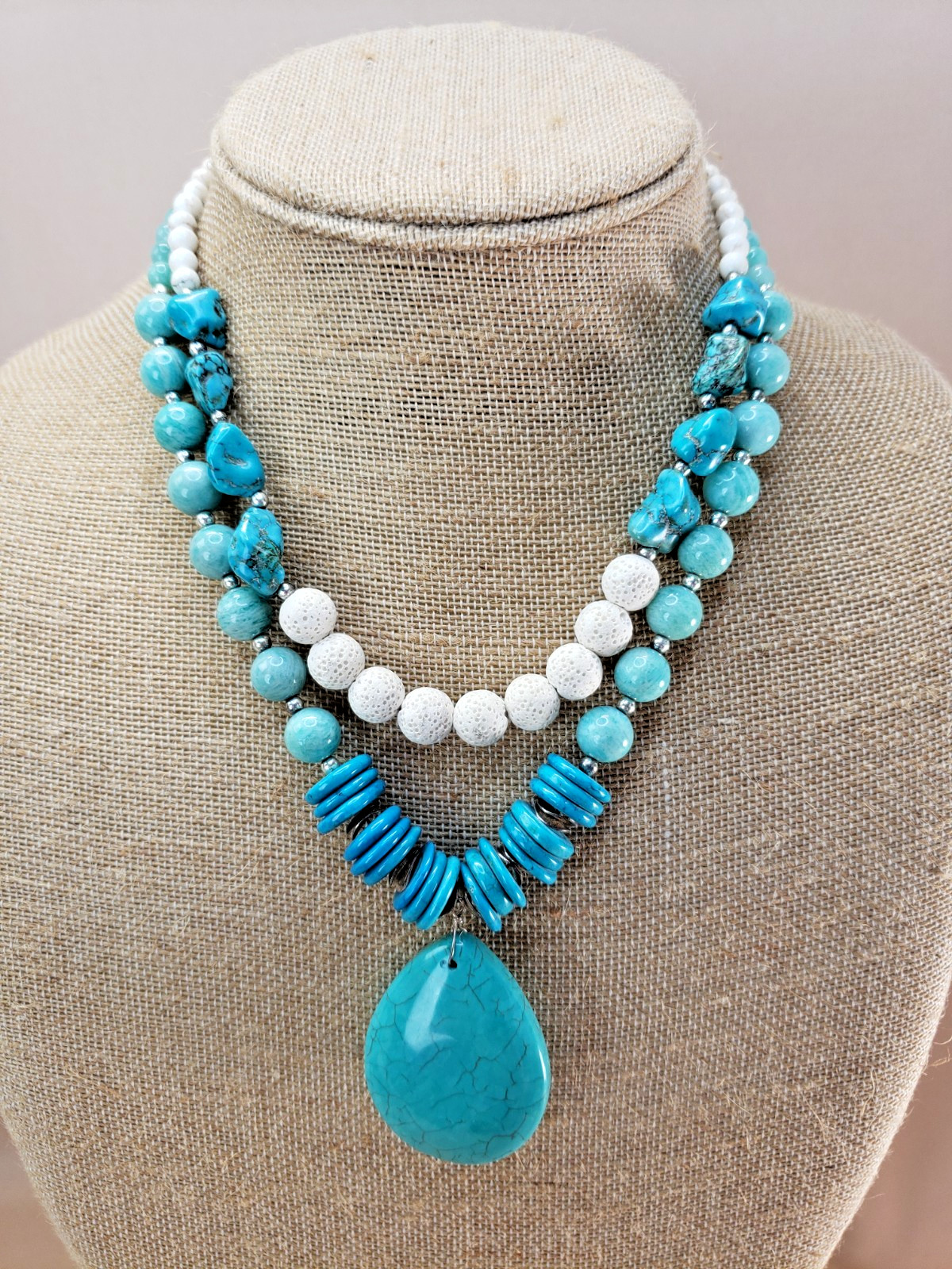 Sterling Silver Amazonite Turquoise Lava Bead Howlite Pendant Necklace S925