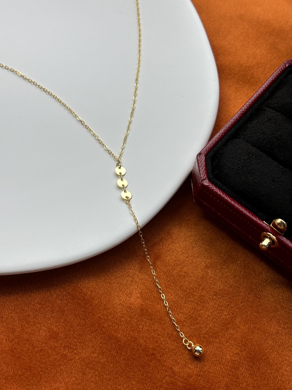 14K Gold Plated S925 Sterling Silver Chain Y Lariat Necklace Sequin Bead Pendant