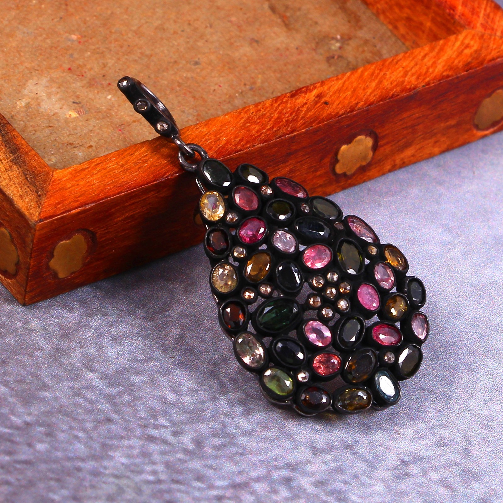 Natural 20pcs Rose Cut Diamond Tourmaline Pendant Necklace 925 Sterling Silver