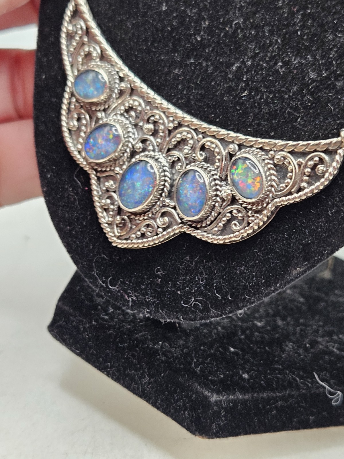 Sterling Silver Bib Style Necklace With 5 Oval Bezel Set Opals. 20″ Marked. 925.