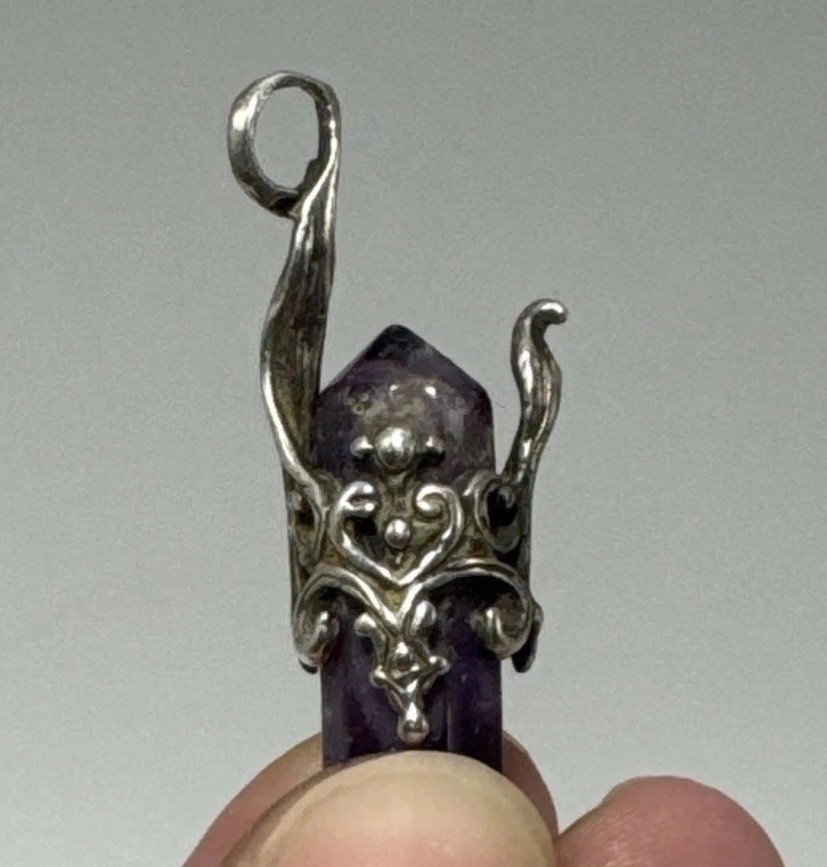 Amethyst Crystal Point Pendant Ornate Silver Tone Filigree Boho 1”