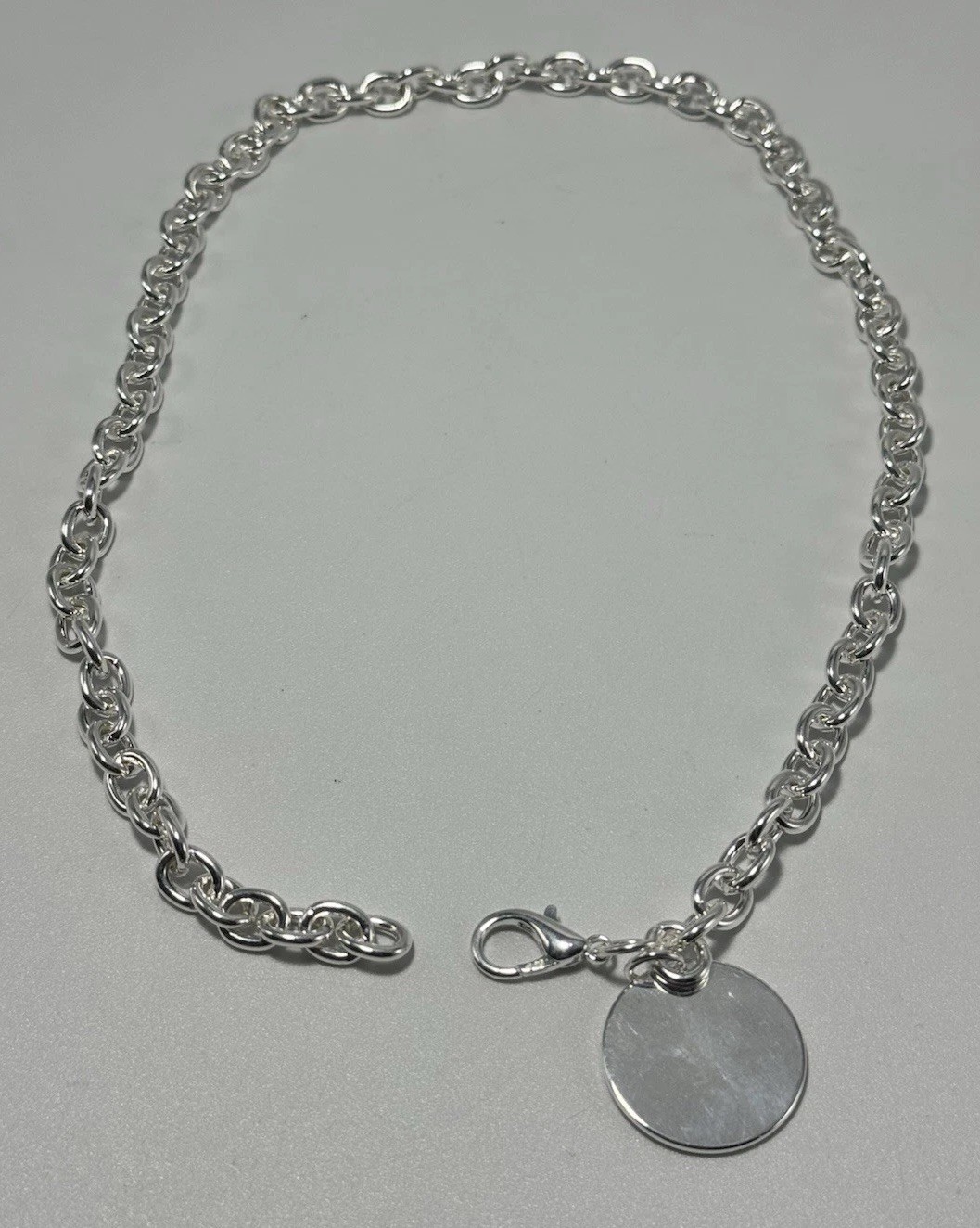 Sterling Silver Double Rolo Chain Necklace 18” Heavy 50.1g Disc Pendant 925