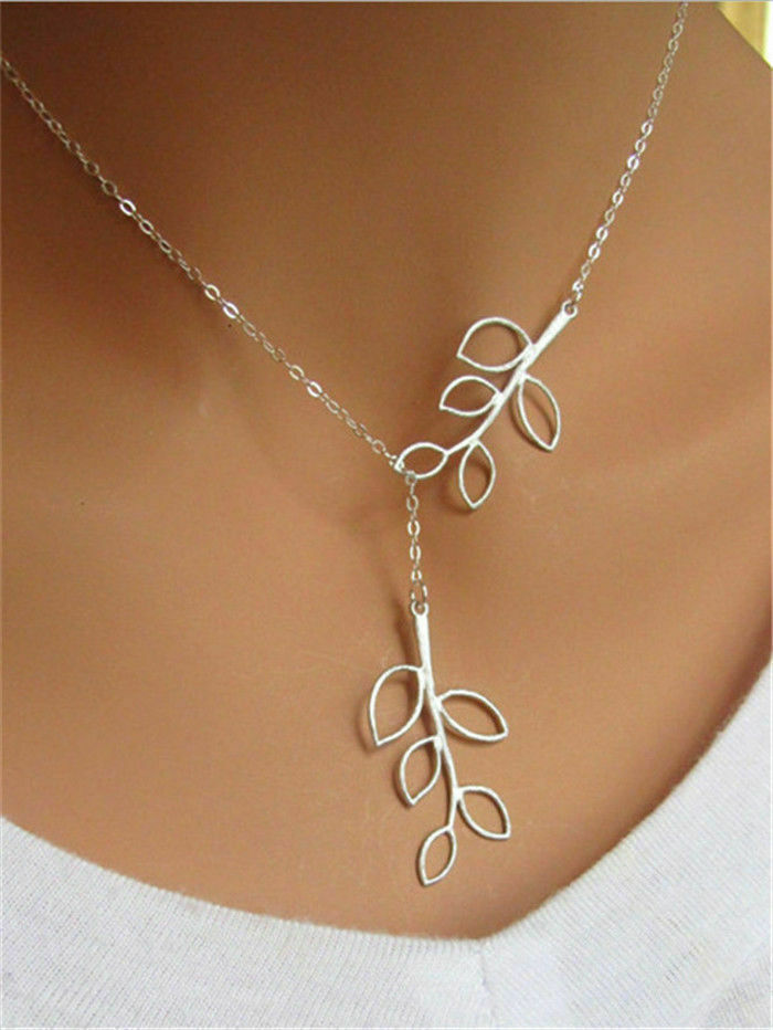 Double Leaf Charm Lariat Silver Necklace Pendant Chain Necklace