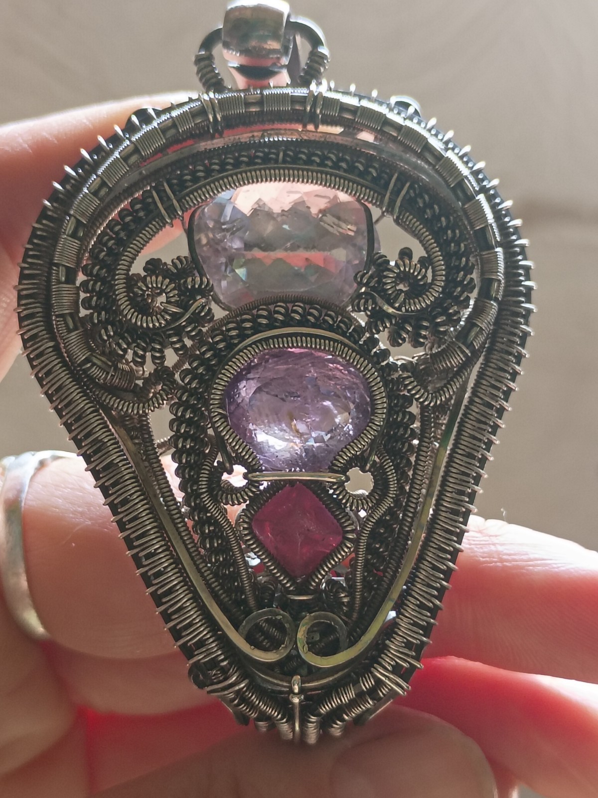 Amethyst Spinel Rose De France “Light Shield” Pendant Statement Wirewrap Art 925