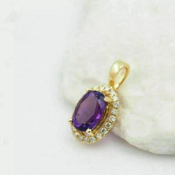 2.50 Ct Oval Cut Amethyst Diamond Halo Pendant 14K Yellow Gold Finish Free Chain