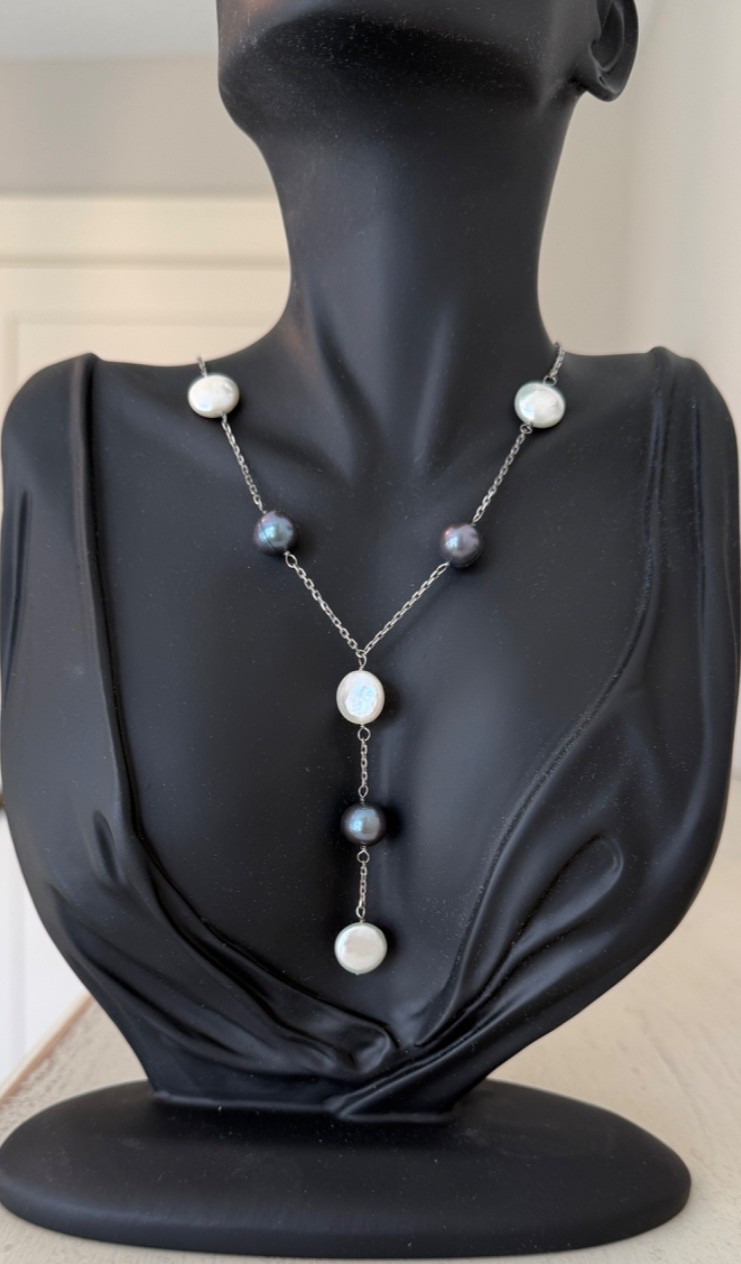 Designer IRIDESSE Tiffany & Co ~ Sterling Silver ~ White & Black Pearl Necklace