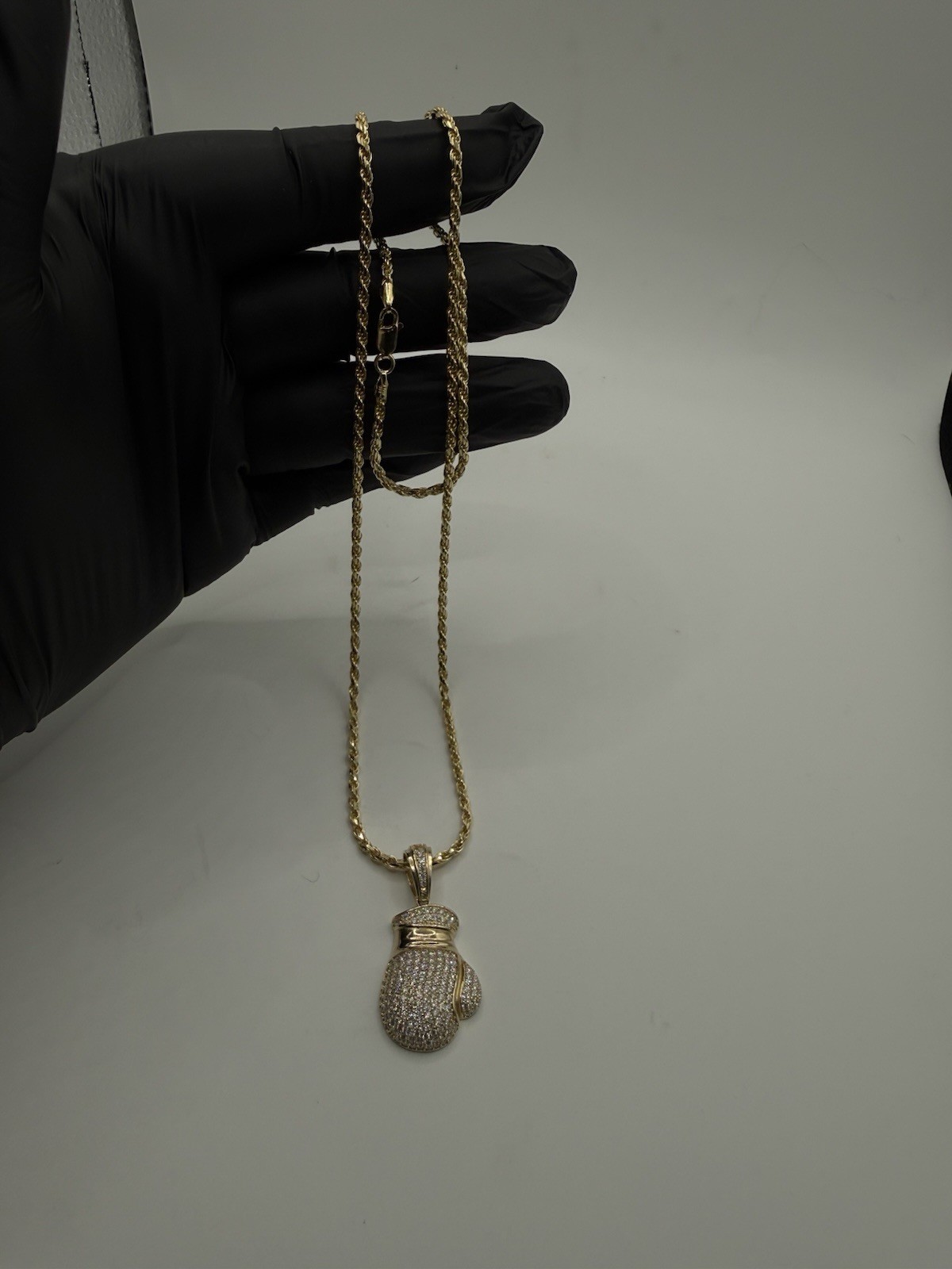22” 925 Sterling Silver Vermeil Rope Chain w/ Moissnaite Boxing Glove 2.5mm
