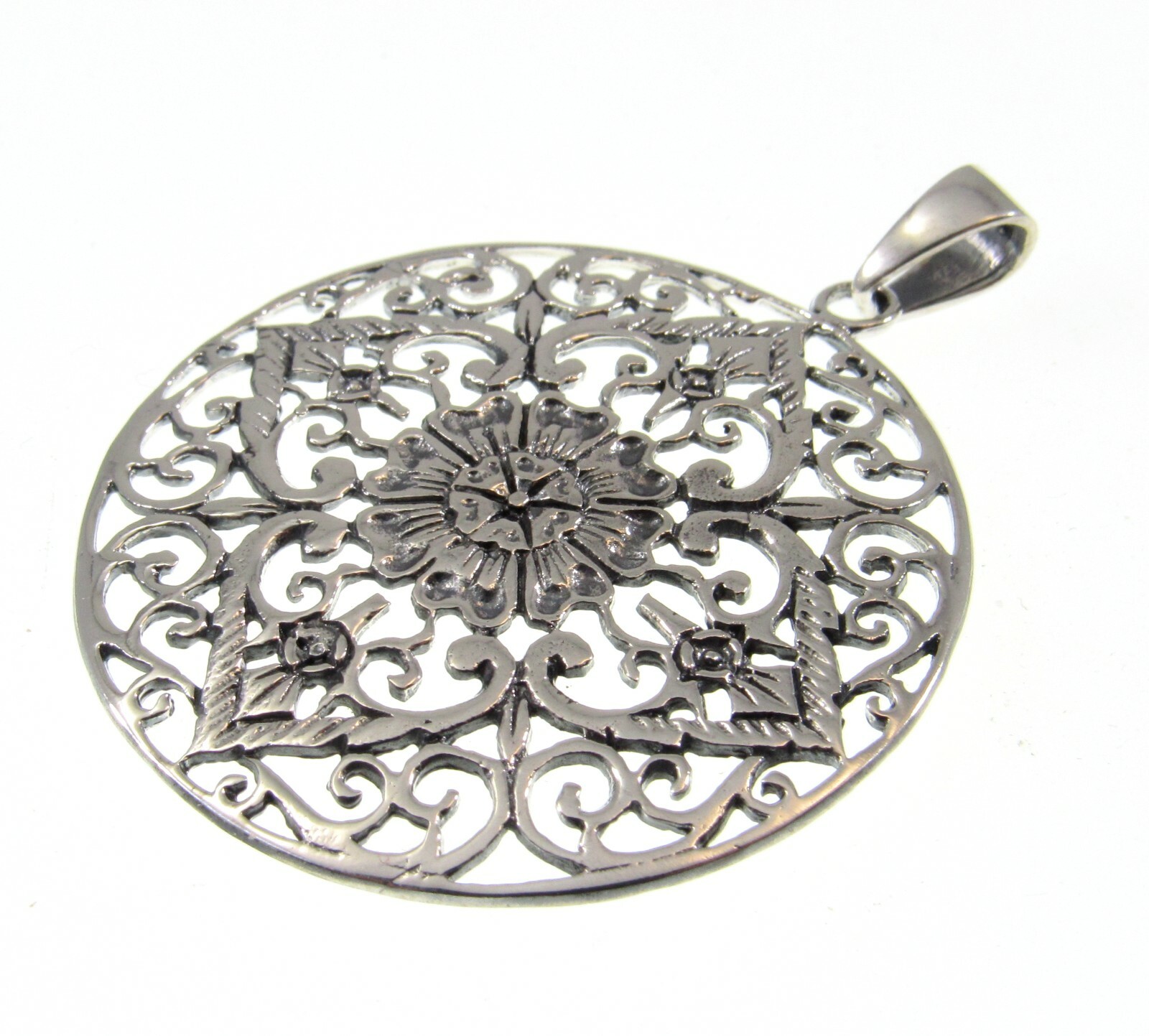 Large Handcrafted Solid 925 Sterling Silver FILIGREE FLOWER Pendant Medallion