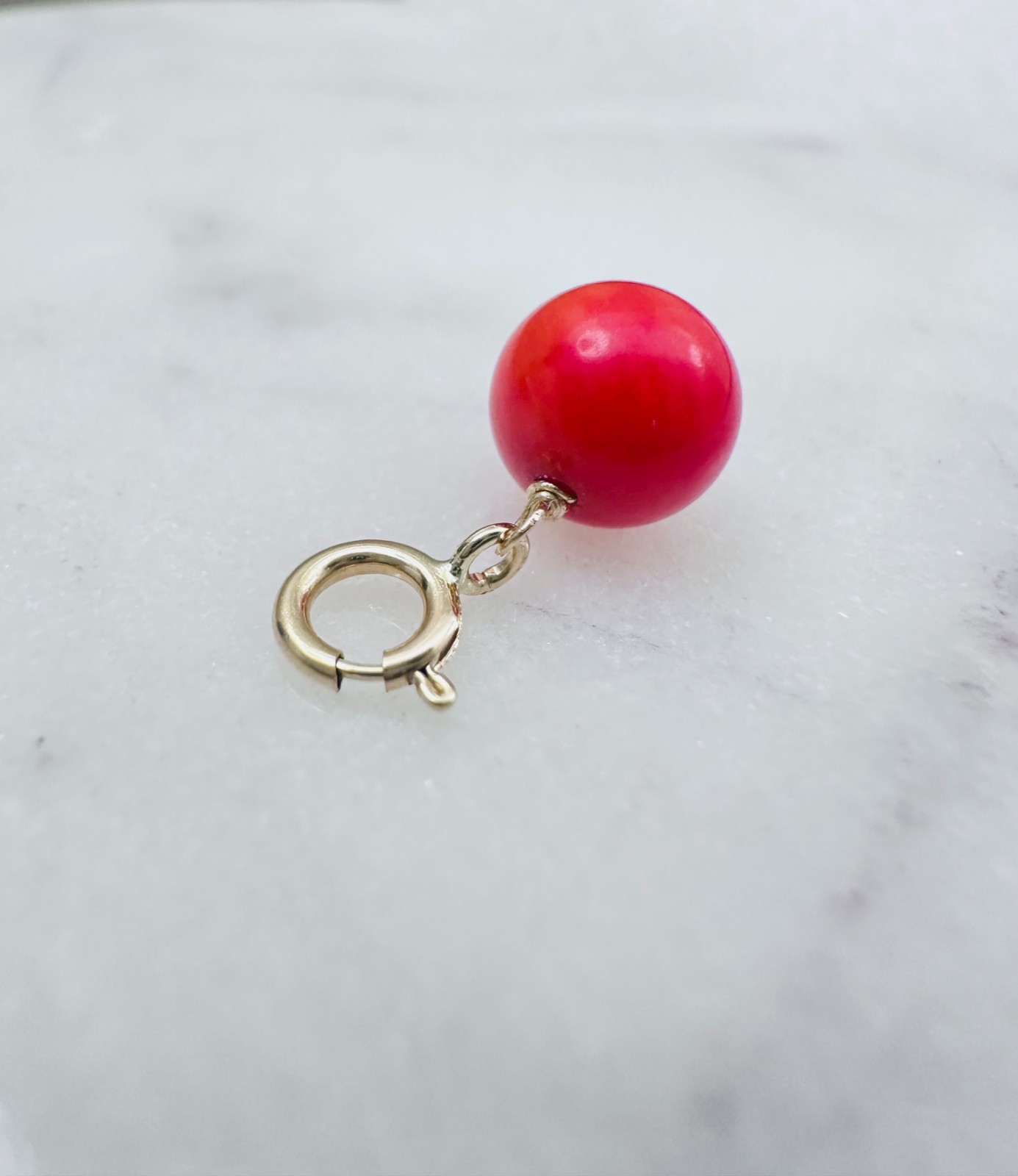 14K Solid Yellow Gold Small Round Red-Orange Coral Charm Pendant w/Spring Clasp