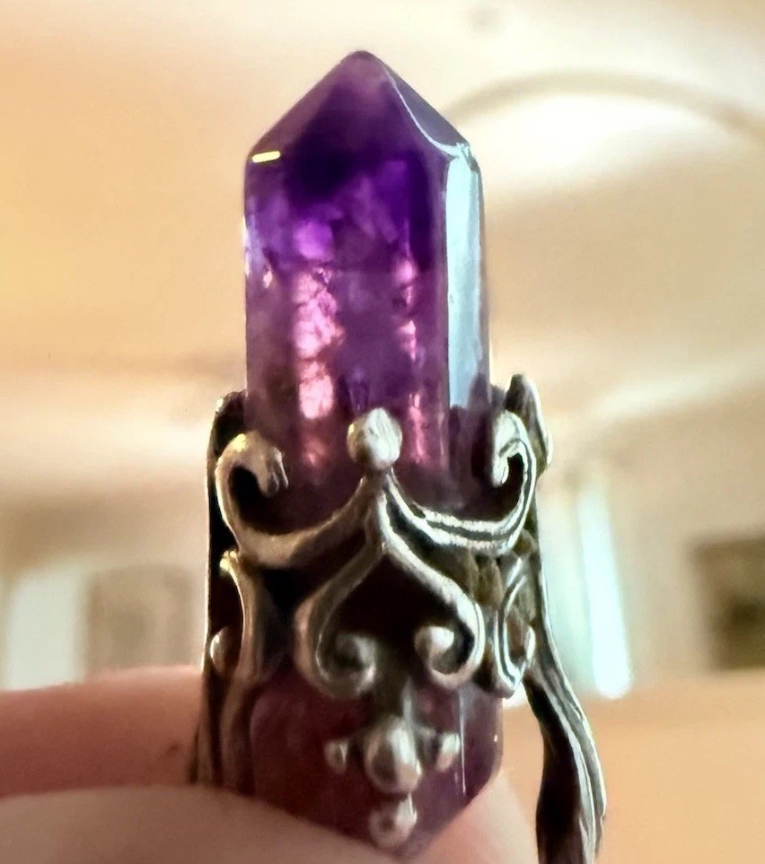 Amethyst Crystal Point Pendant Ornate Silver Tone Filigree Boho 1”