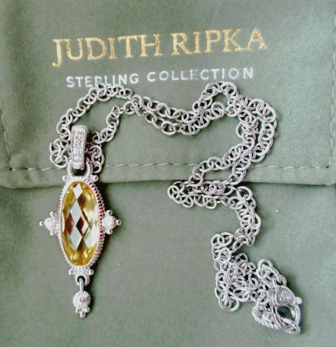 Judith Ripka Sterling Silver Canary Quartz DMQ CZ Pendant 17.5″ Necklace JR Box