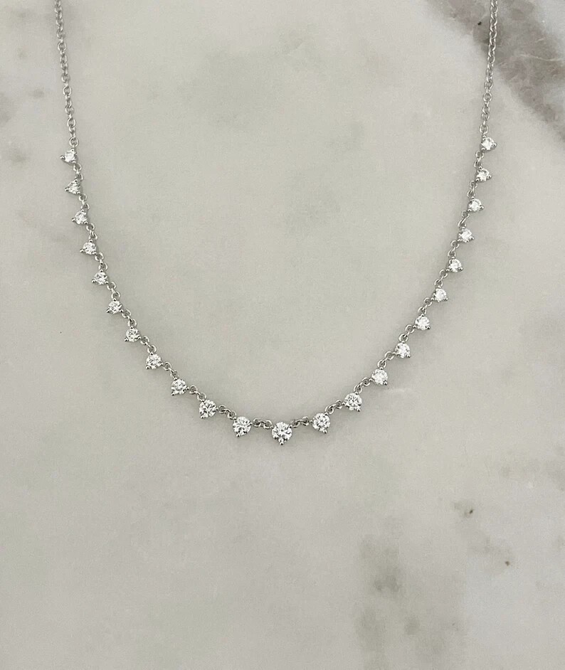 Round GH/SI Natural Diamond Women’s Beautiful Station Necklace In 14k White Gold