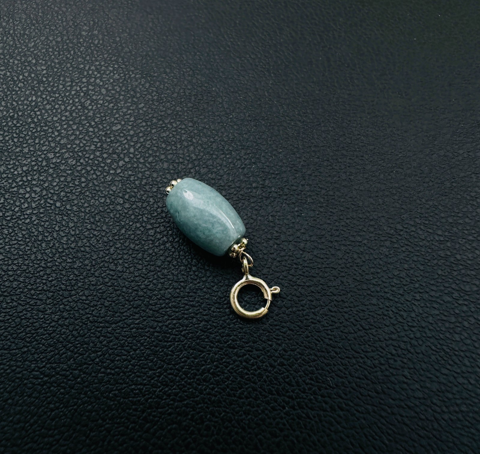 14K Solid Yellow Gold Barrel Blue-Green Jade Small Charm Pendant w/Spring Clasp