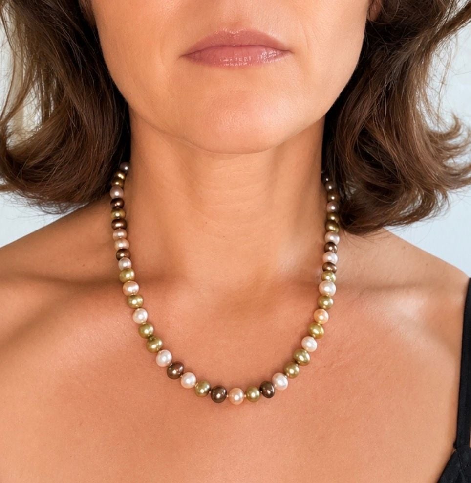 Cultured Freshwater Pearl Necklace Multicolor Green White Bronze 18”