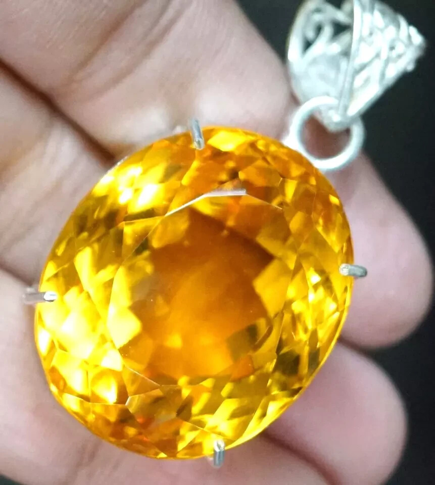 94 Ct+ Natural Yellow Citrine 925 Solid Silver Oval Pendant Loose Gemstone A+